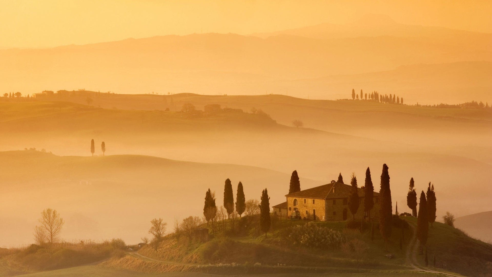 Tuscan Landscape with Farmhouse and Cypress Trees HD Wallpaper