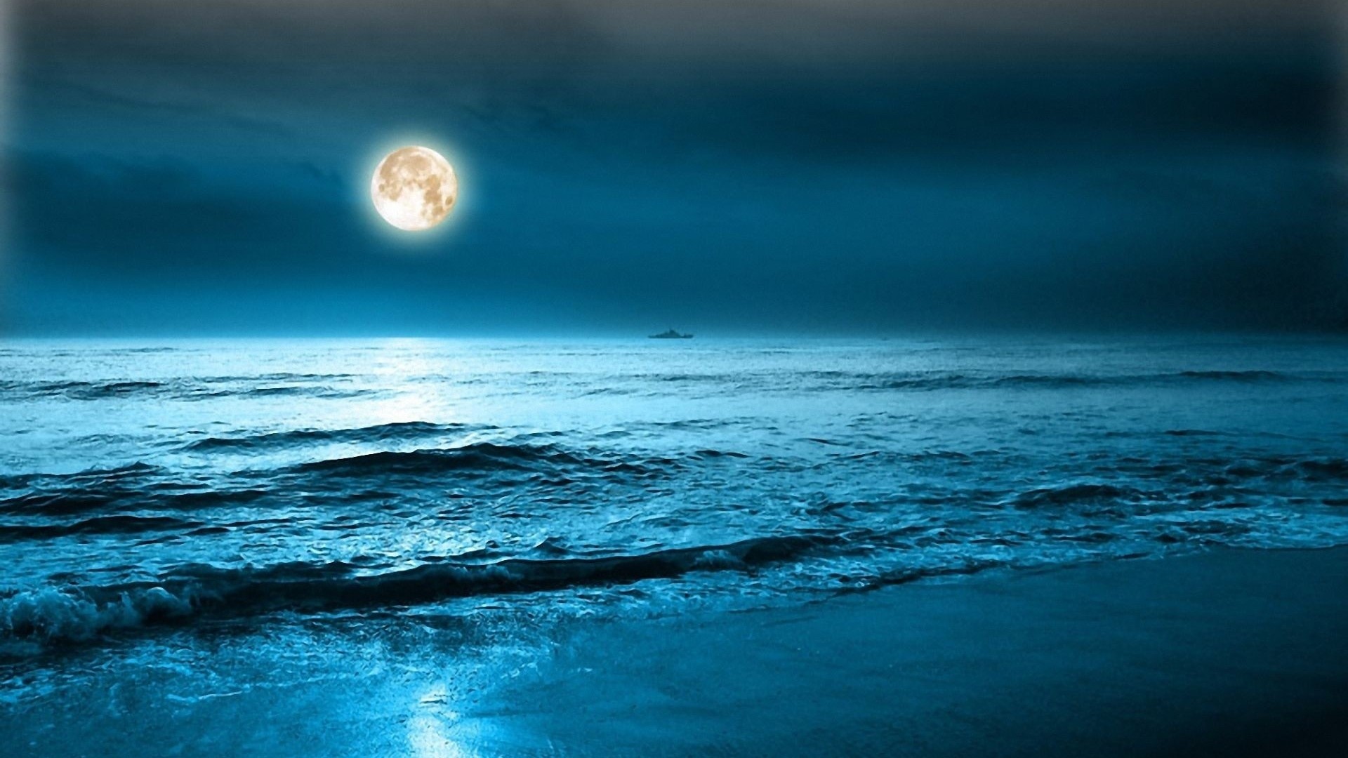 Moonlit Ocean Waves and Distant Ship HD Wallpaper