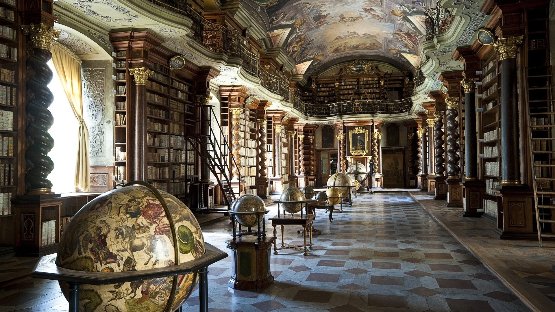 Baroque Library with Globes and Bookshelves HD Wallpaper