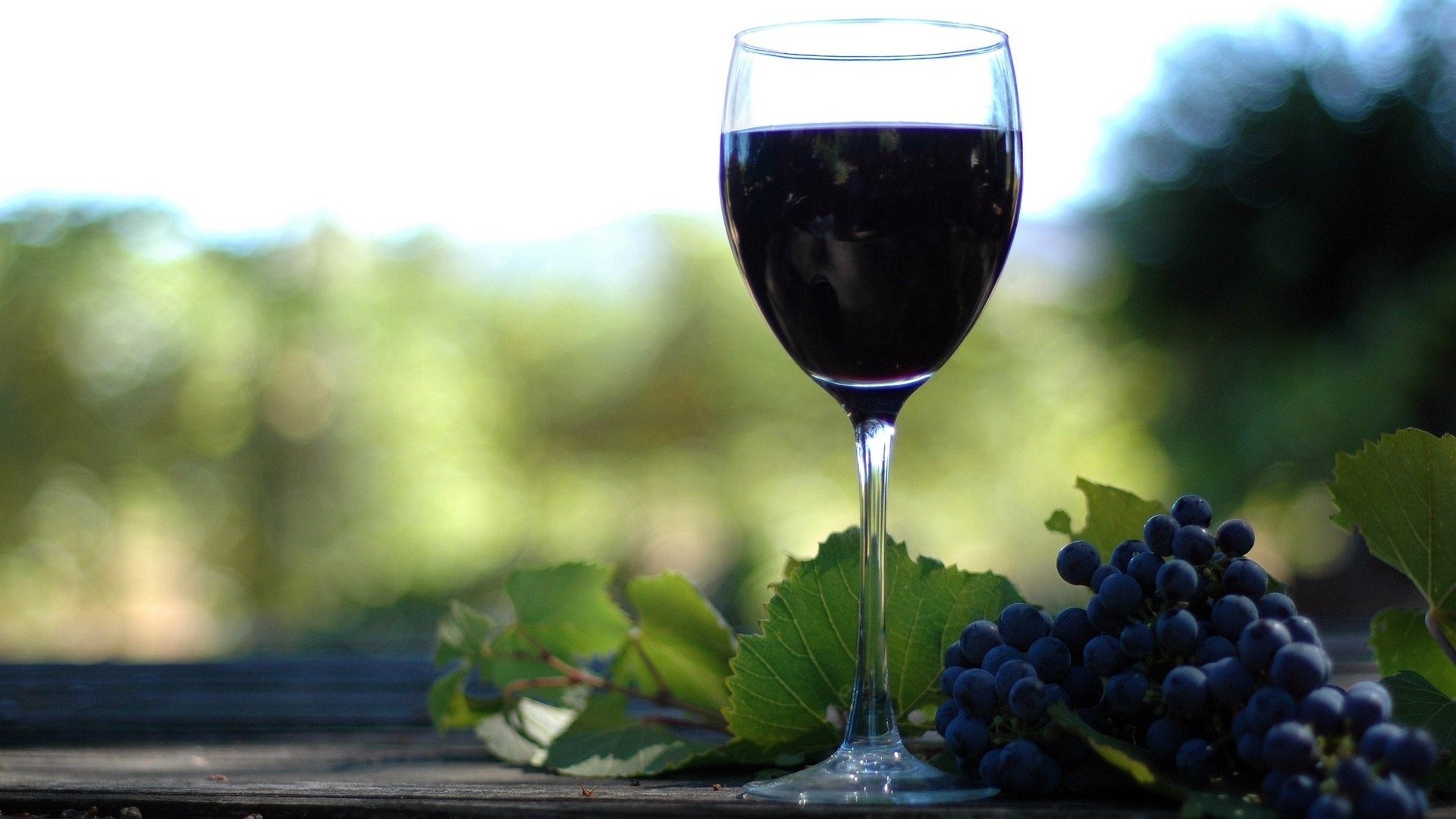 Glass of red wine with grapes and leaves HD Wallpaper