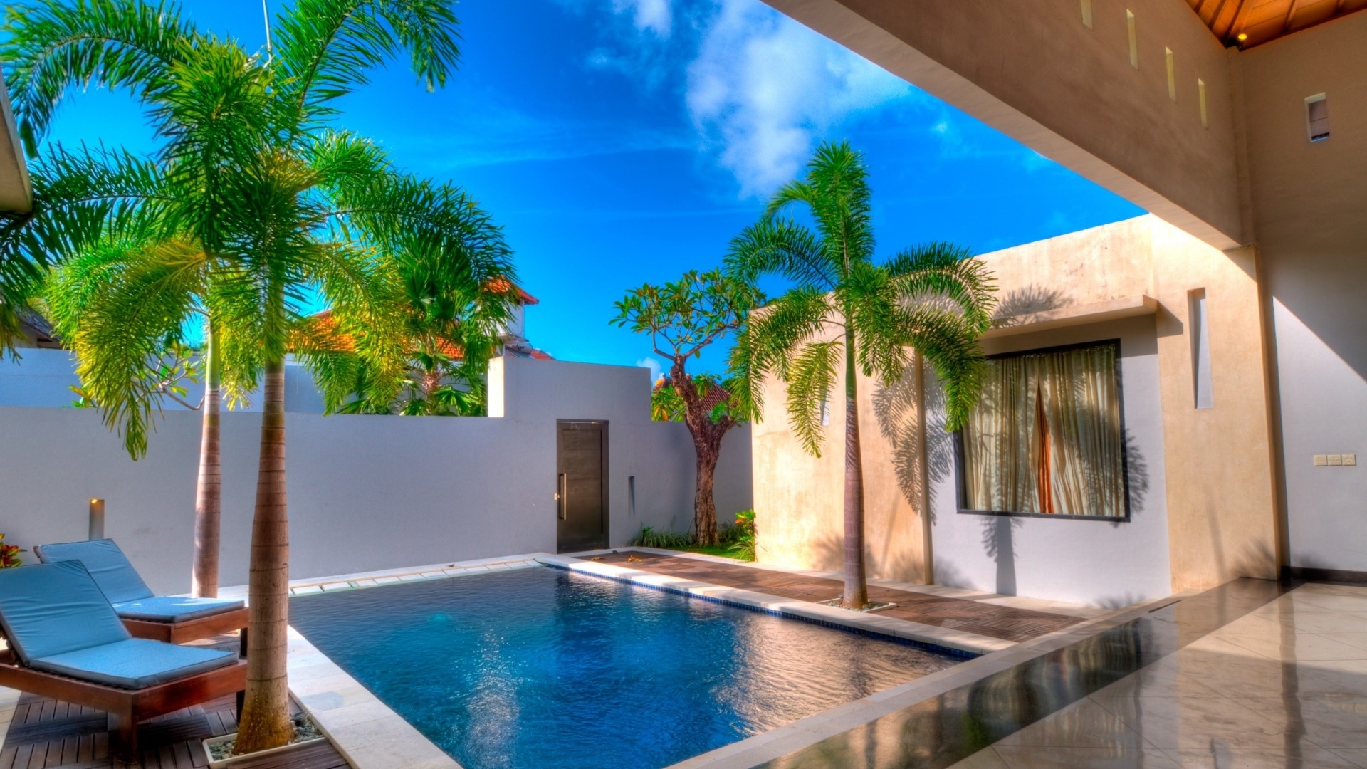 Tropical Courtyard Pool with Palm Trees HD Wallpaper