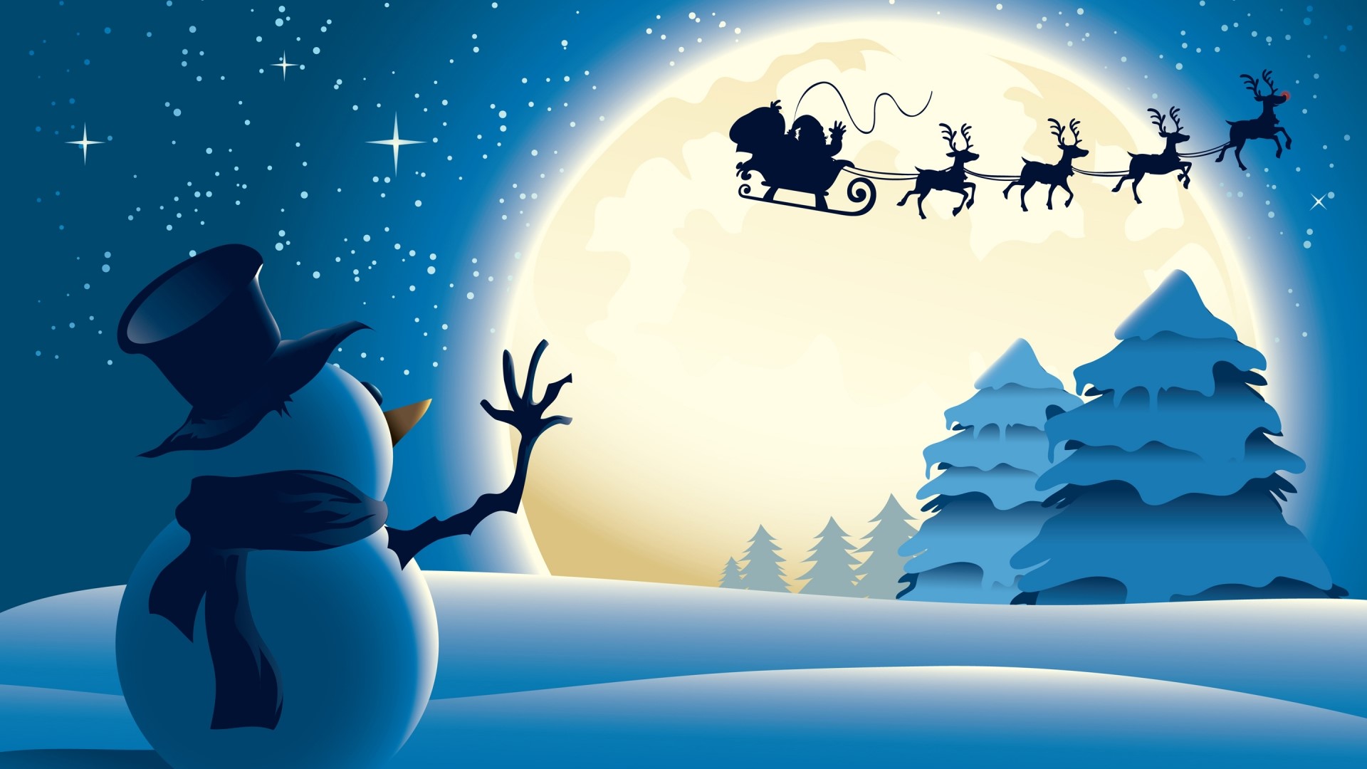Snowman and Santa Claus in Sleigh with Reindeer HD Wallpaper