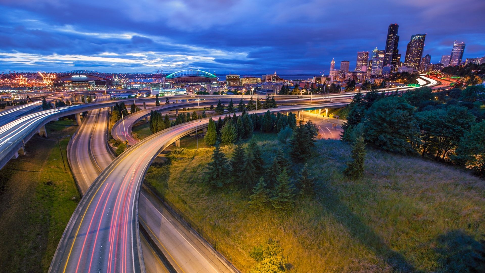 Seattle USA Cityscape with Highways at Dusk HD Wallpaper