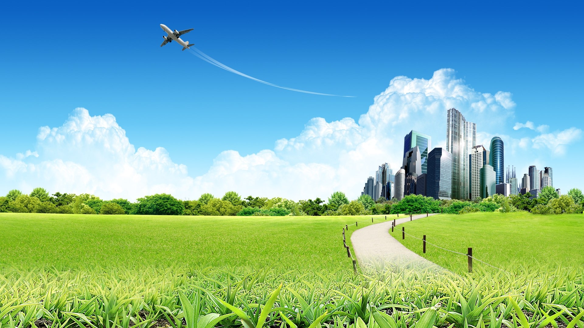 Airplane flying over a futuristic city and green landscape HD Wallpaper