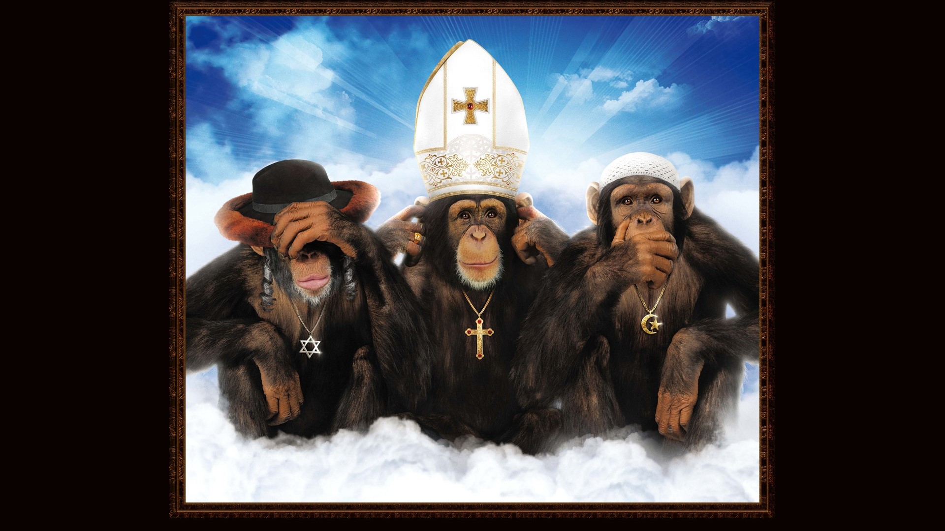 Three Wise Monkeys in Religious Attire HD Wallpaper