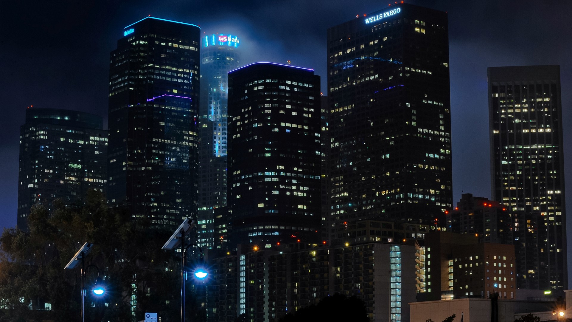 Los Angeles skyscrapers at night HD Wallpaper