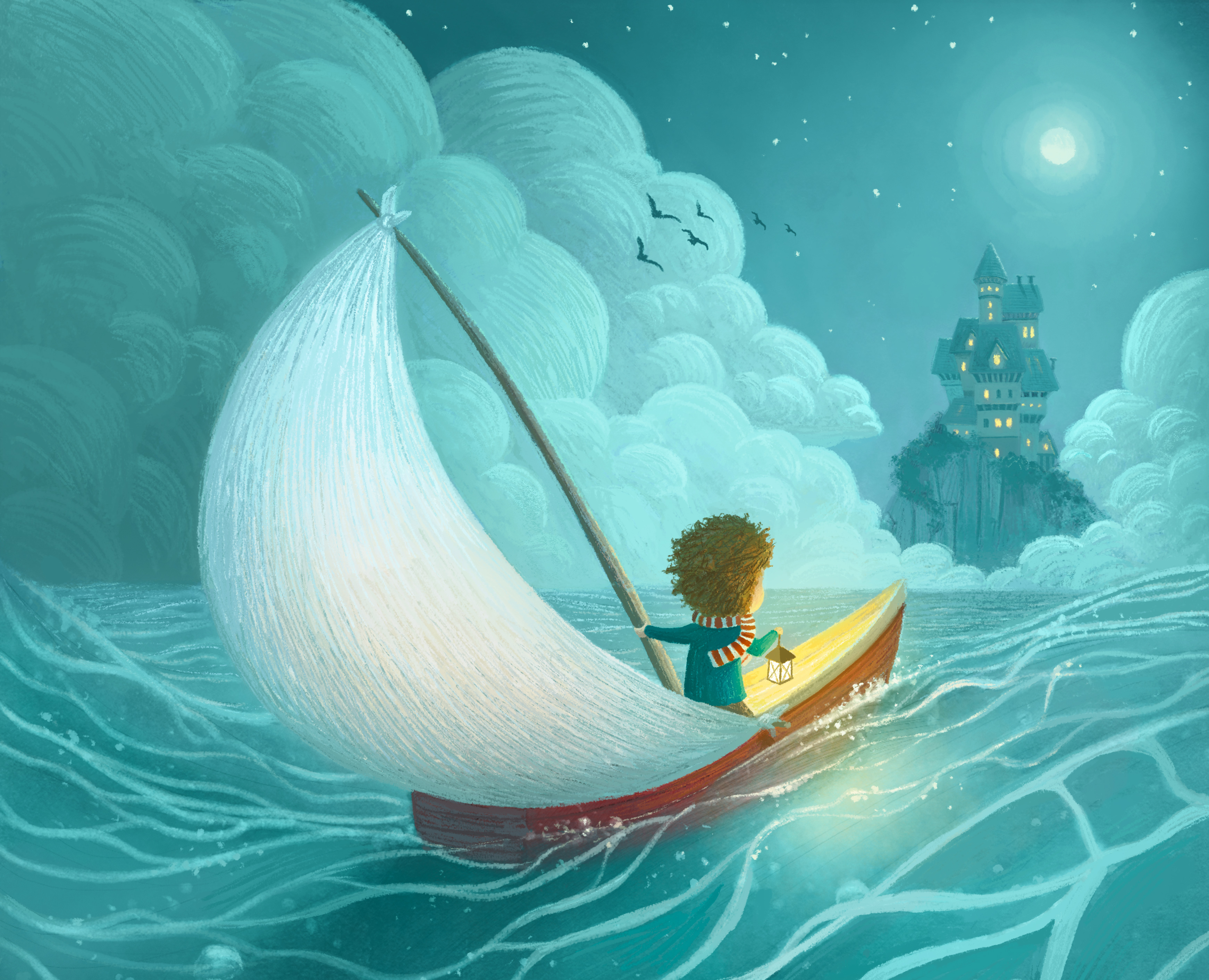 Child sailing a boat towards a castle at night HD Wallpaper