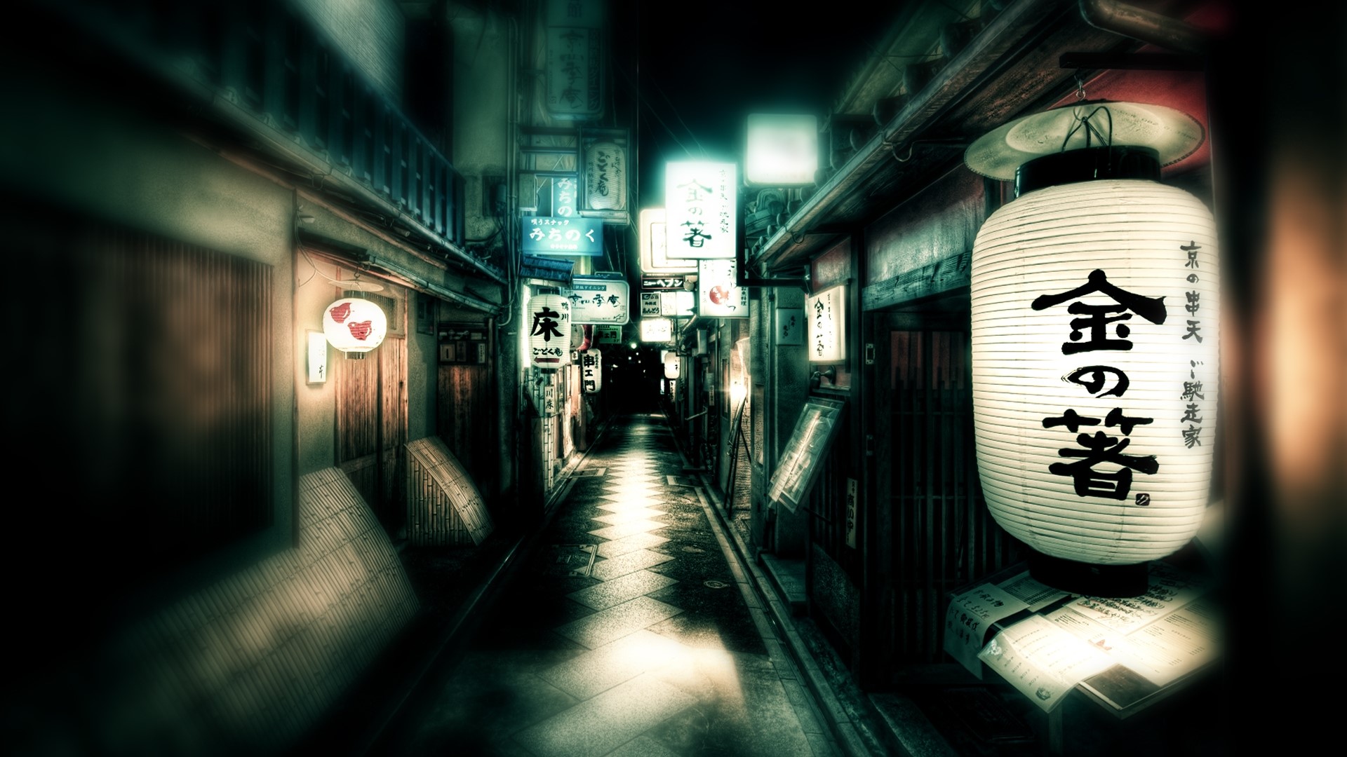 Japanese street at night with lanterns and signs HD Wallpaper