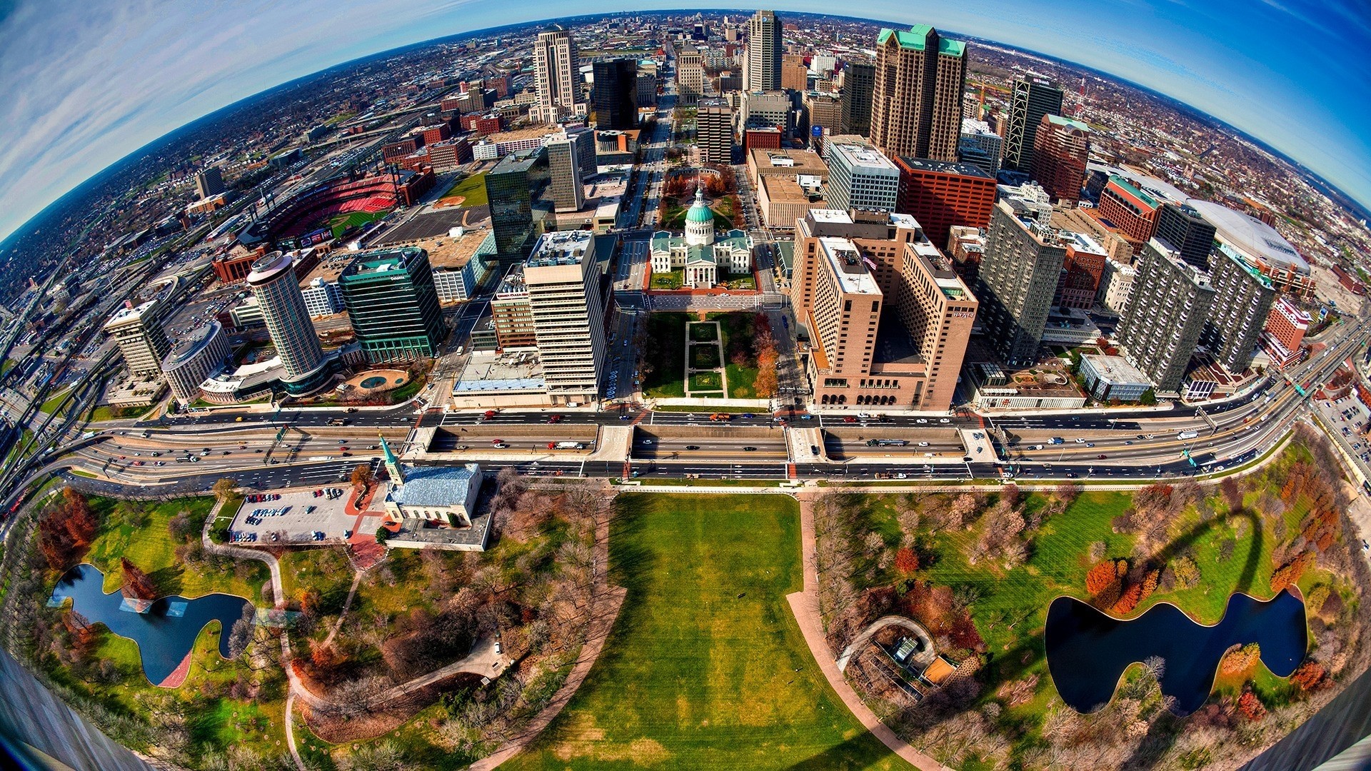Fisheye view of St. Louis cityscape with Gateway Arch National Park HD Wallpaper