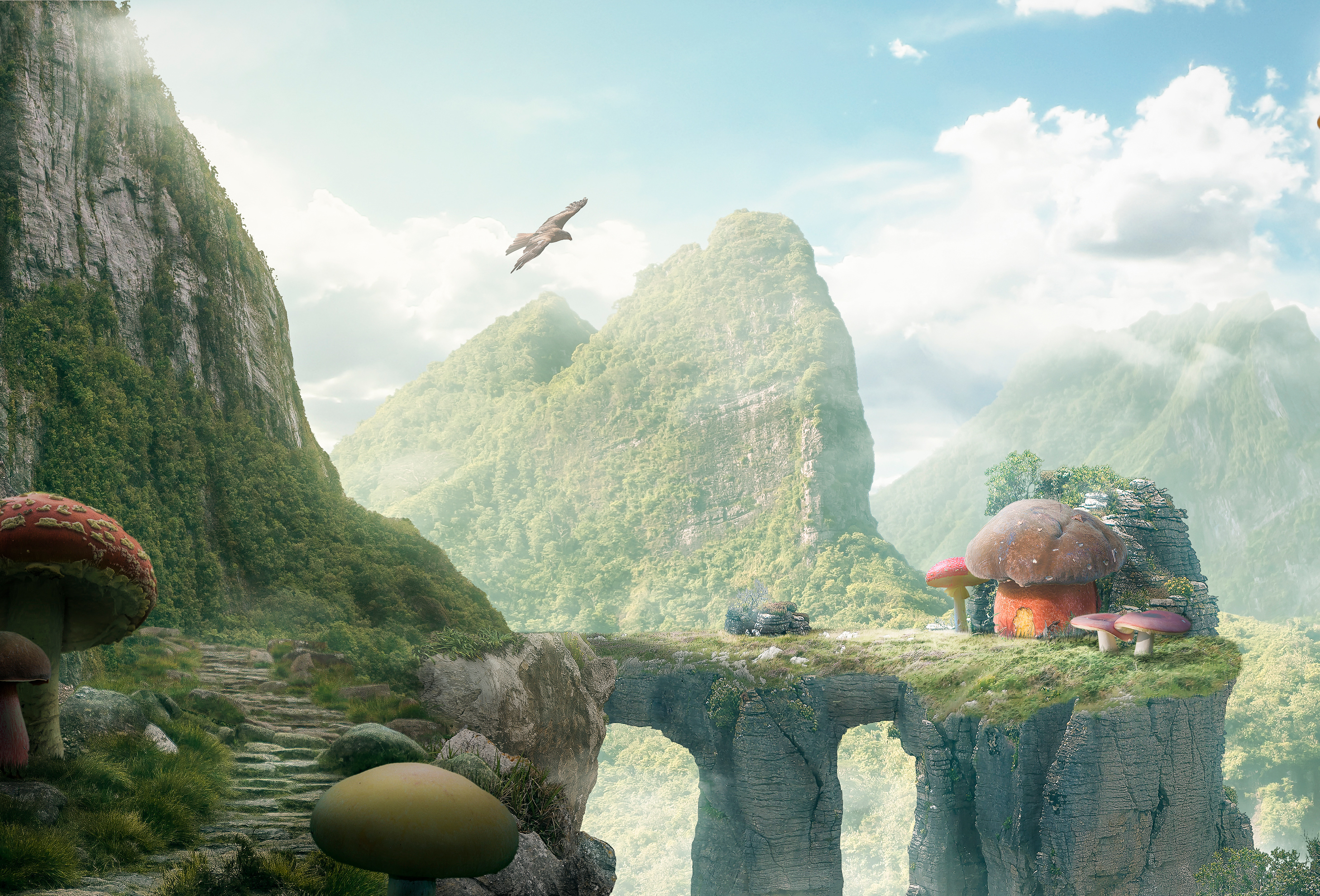 Fantasy landscape with mushroom houses and mountains HD Wallpaper