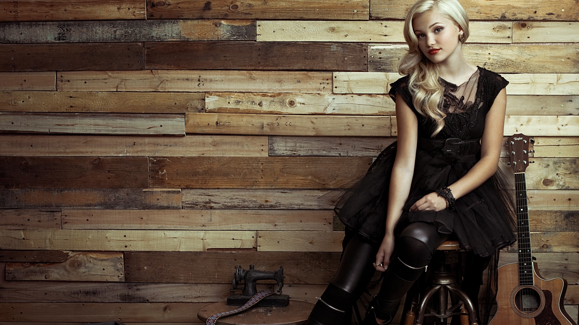 Olivia Holt with Guitar and Sewing Machine HD Wallpaper