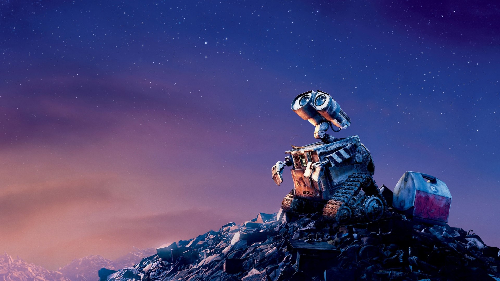 WALL-E on a pile of trash under a starry sky HD Wallpaper