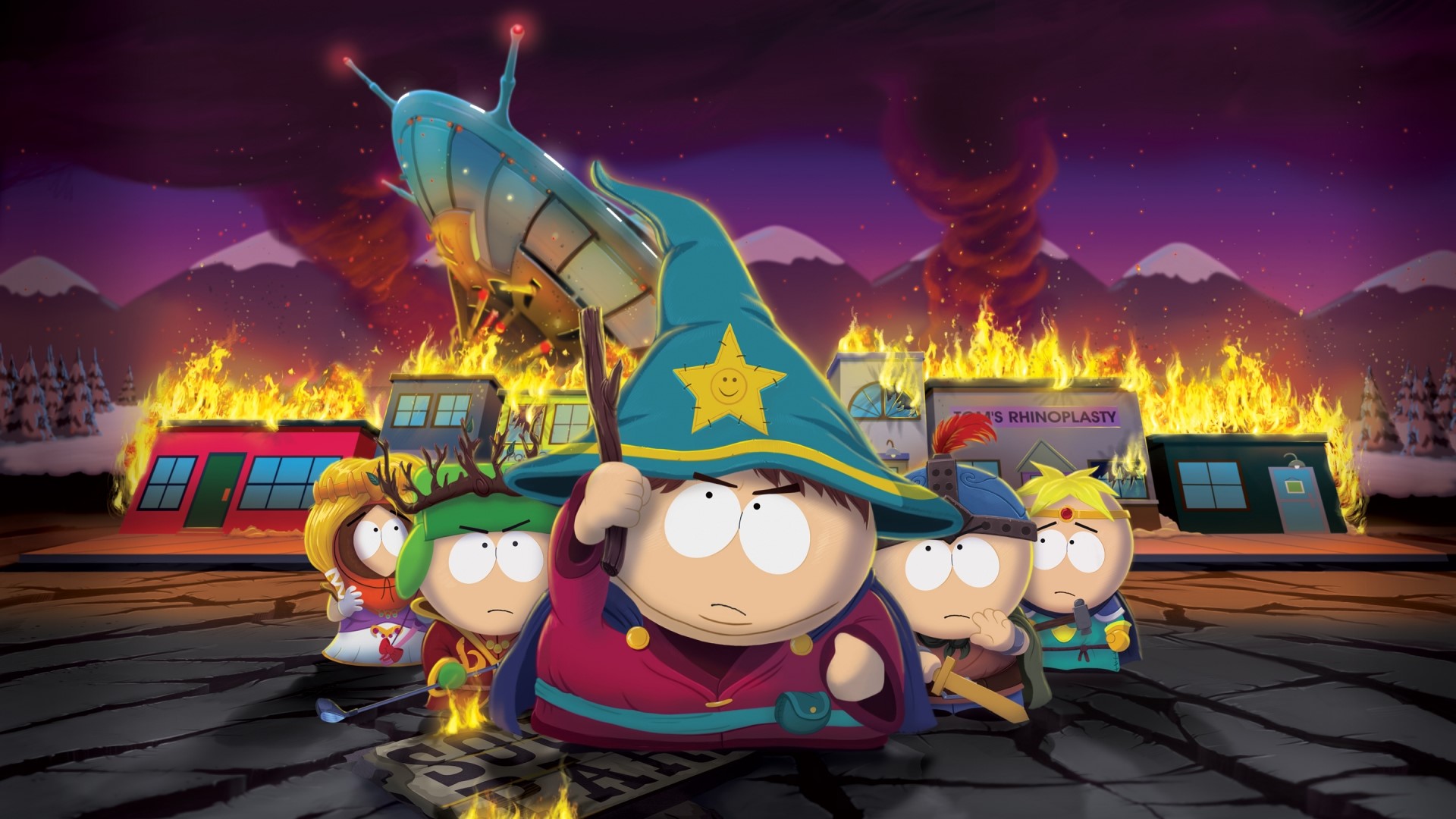 South Park: The Stick of Truth characters in a burning town HD Wallpaper