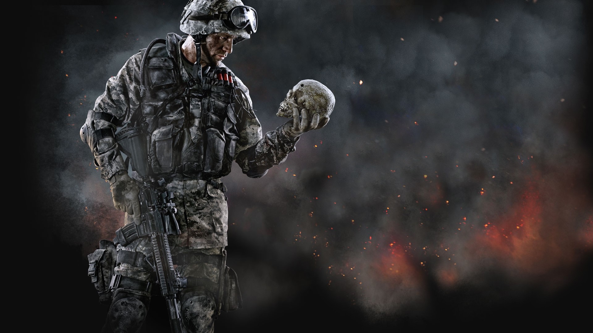 Soldier holding a skull in a smoky battlefield HD Wallpaper