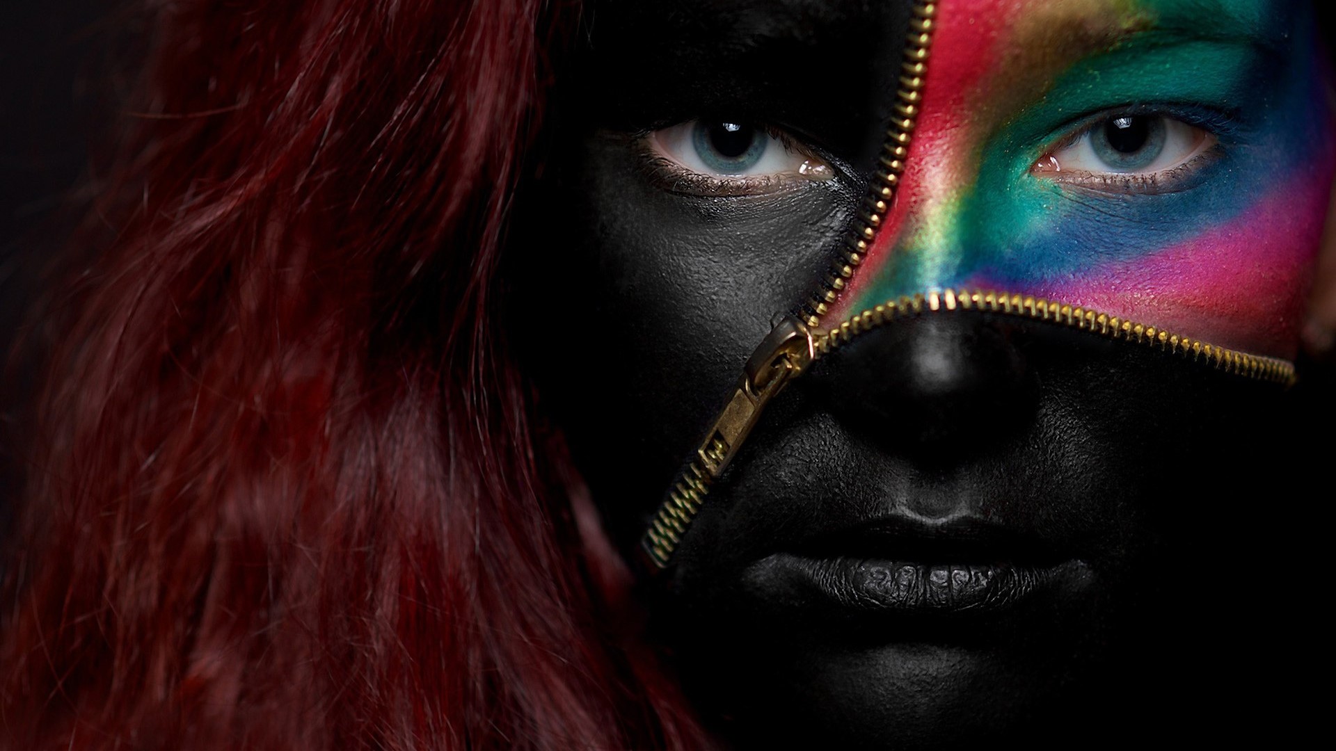Woman with black and colorful face paint and zipper HD Wallpaper