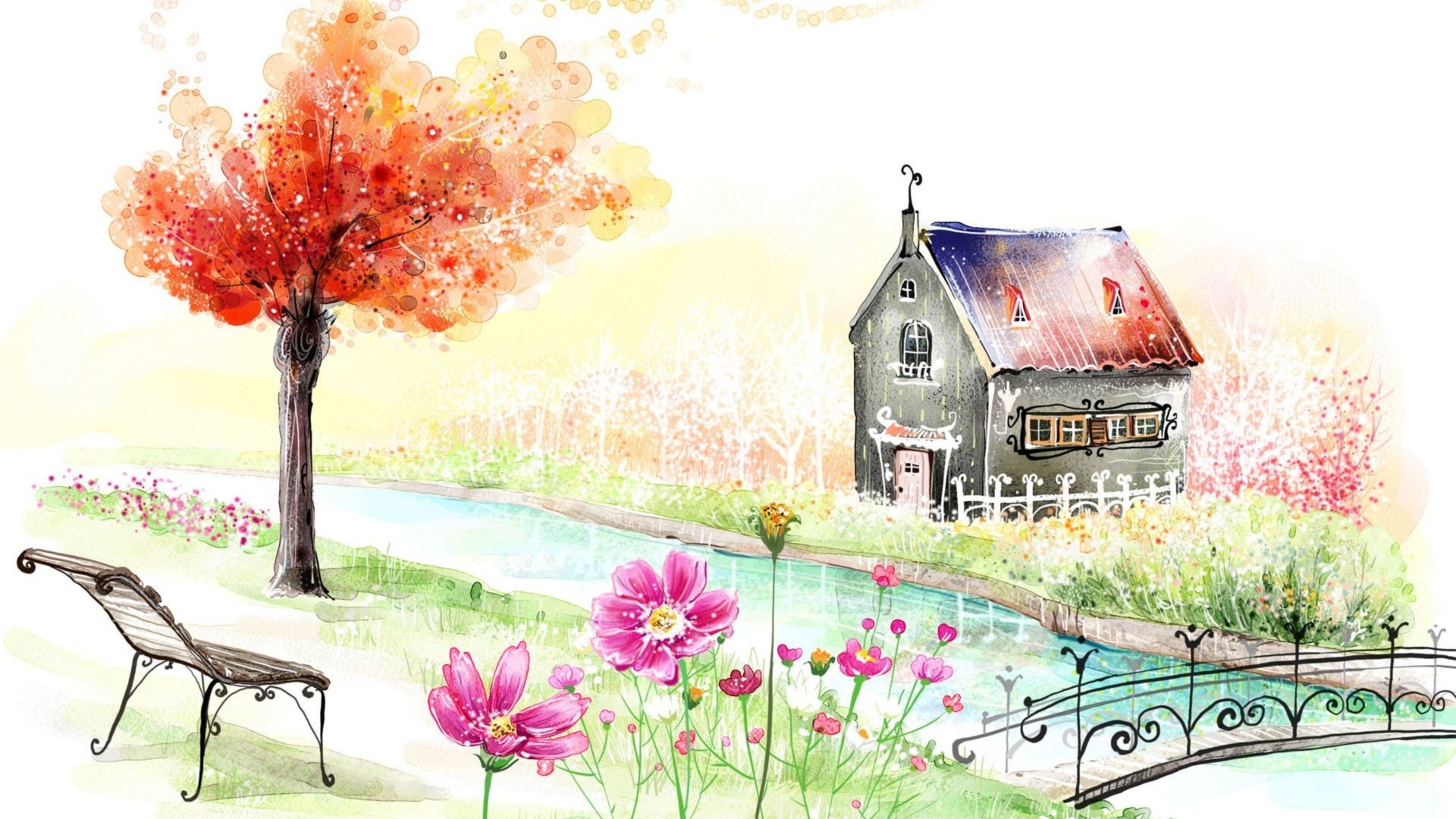 Watercolor painting of a quaint house by a stream HD Wallpaper