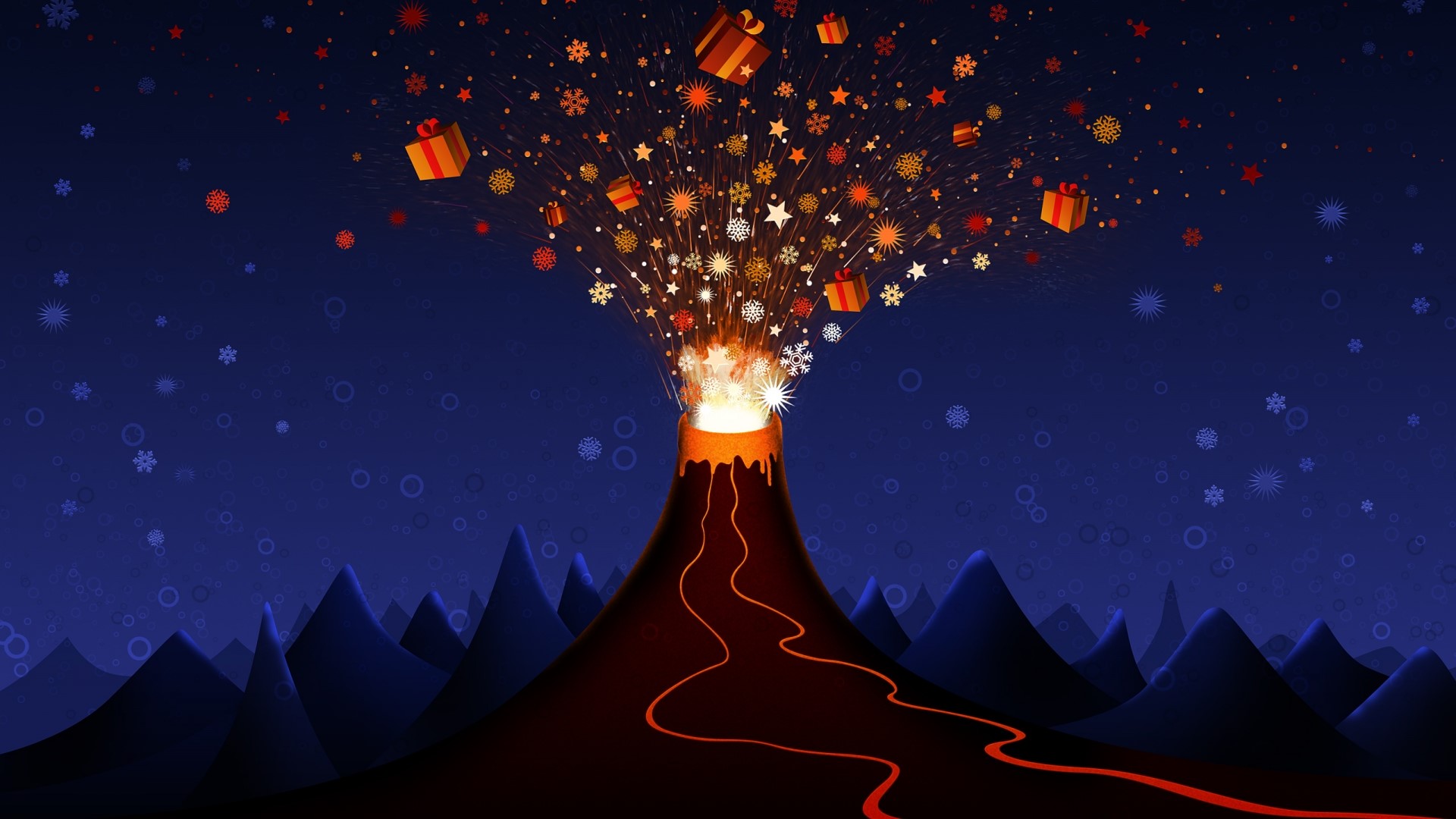 Christmas Volcano Eruption with Gifts and Snowflakes HD Wallpaper