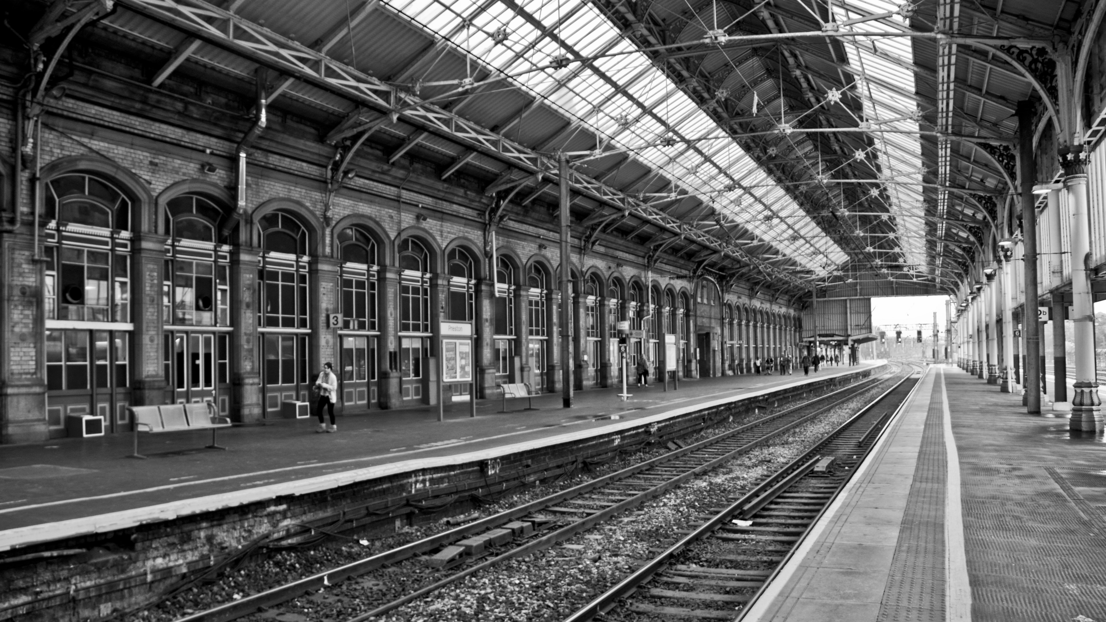 Black and White Train Station HD Wallpaper