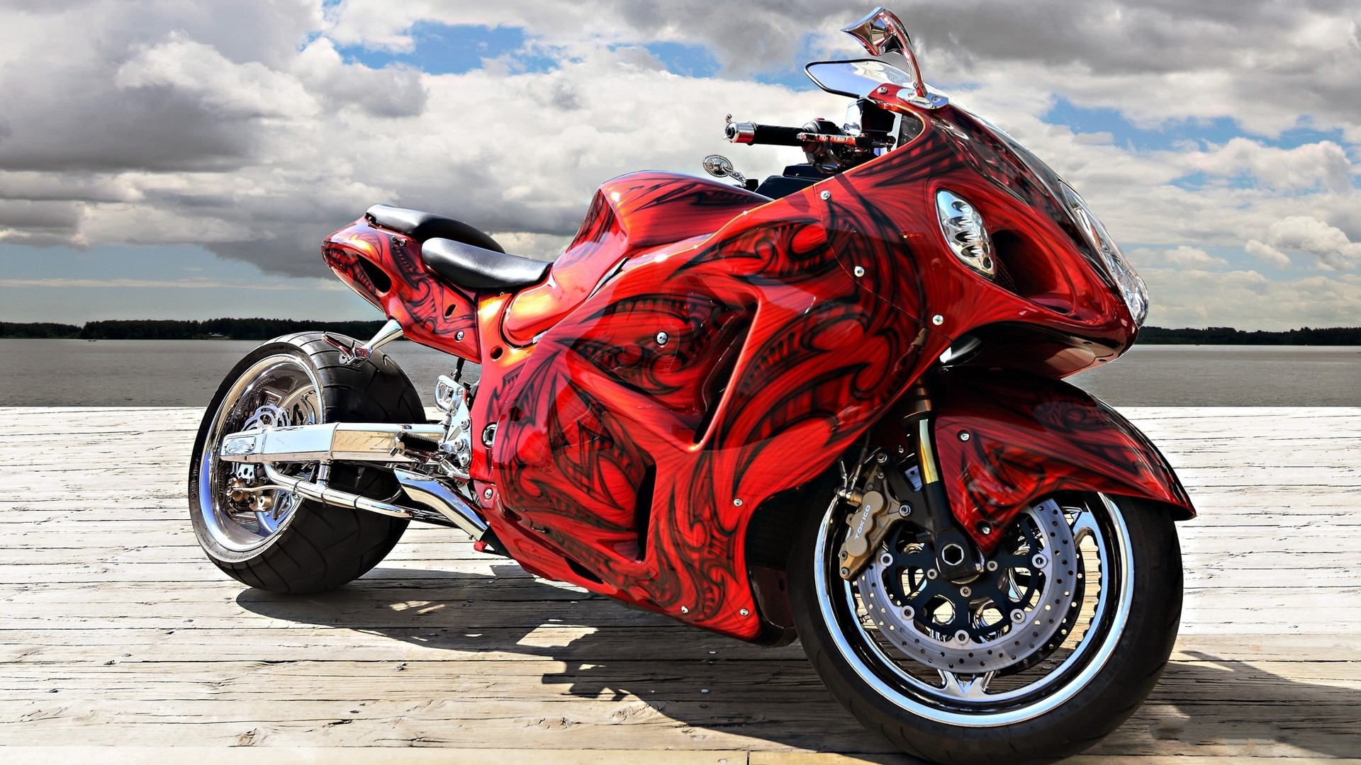 Red Custom Motorcycle with Tribal Graphics HD Wallpaper