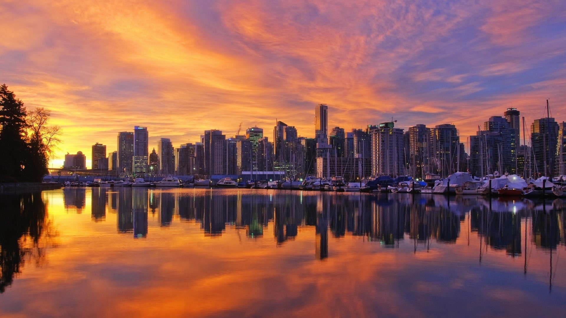 Vancouver cityscape at sunset with reflection HD Wallpaper