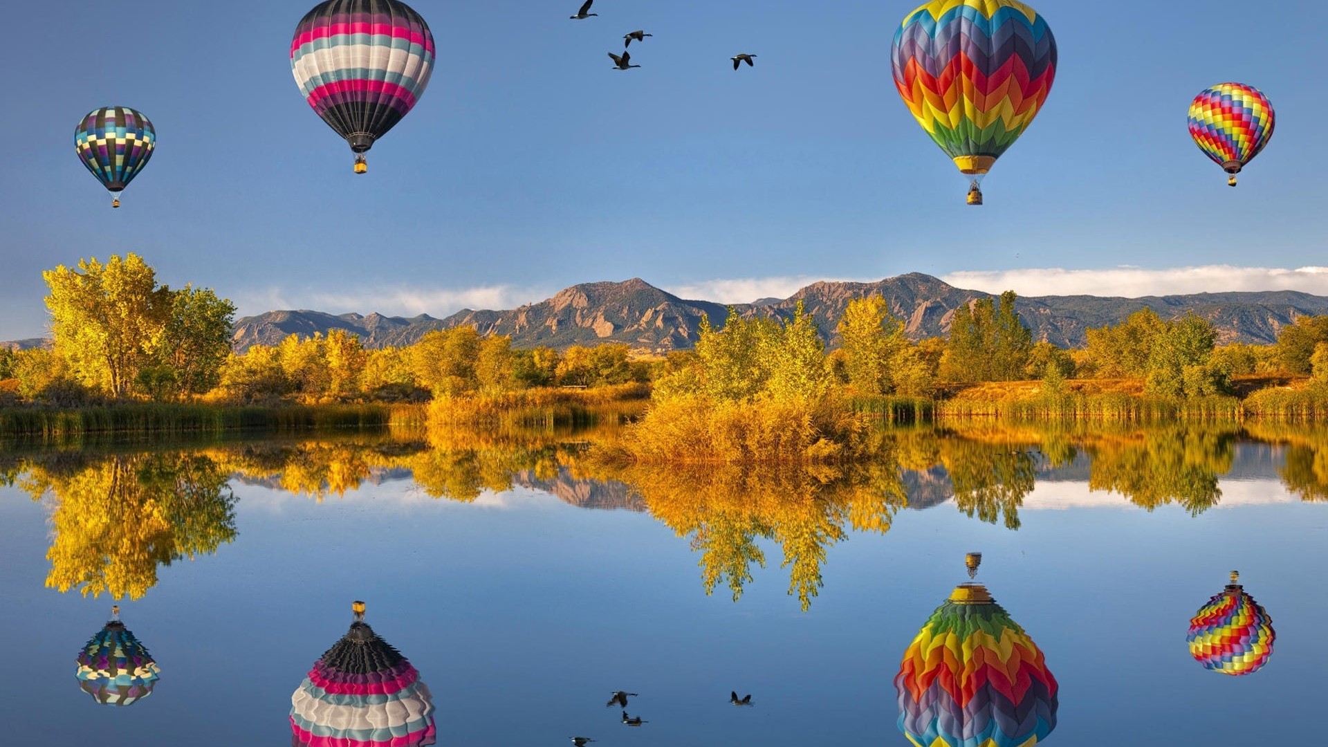 Hot Air Balloons Reflected in Lake with Mountains HD Wallpaper