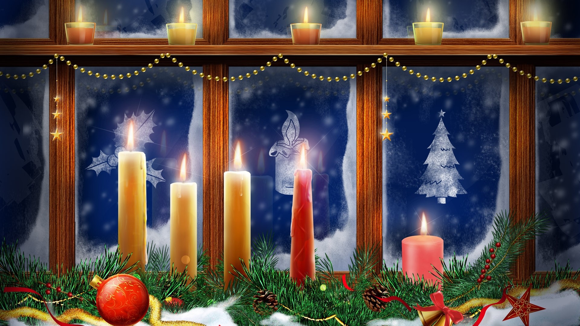 Christmas window with candles and decorations HD Wallpaper