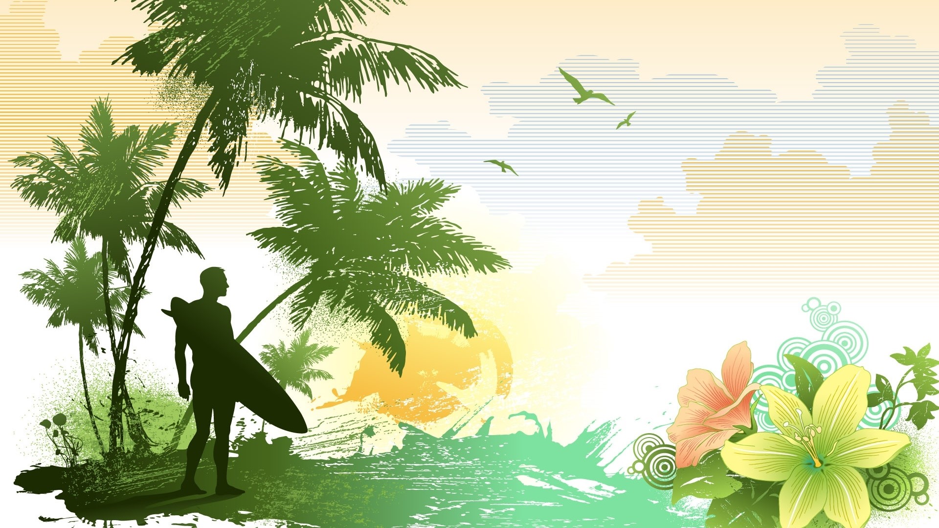 Surfer with surfboard near palm trees and flowers HD Wallpaper