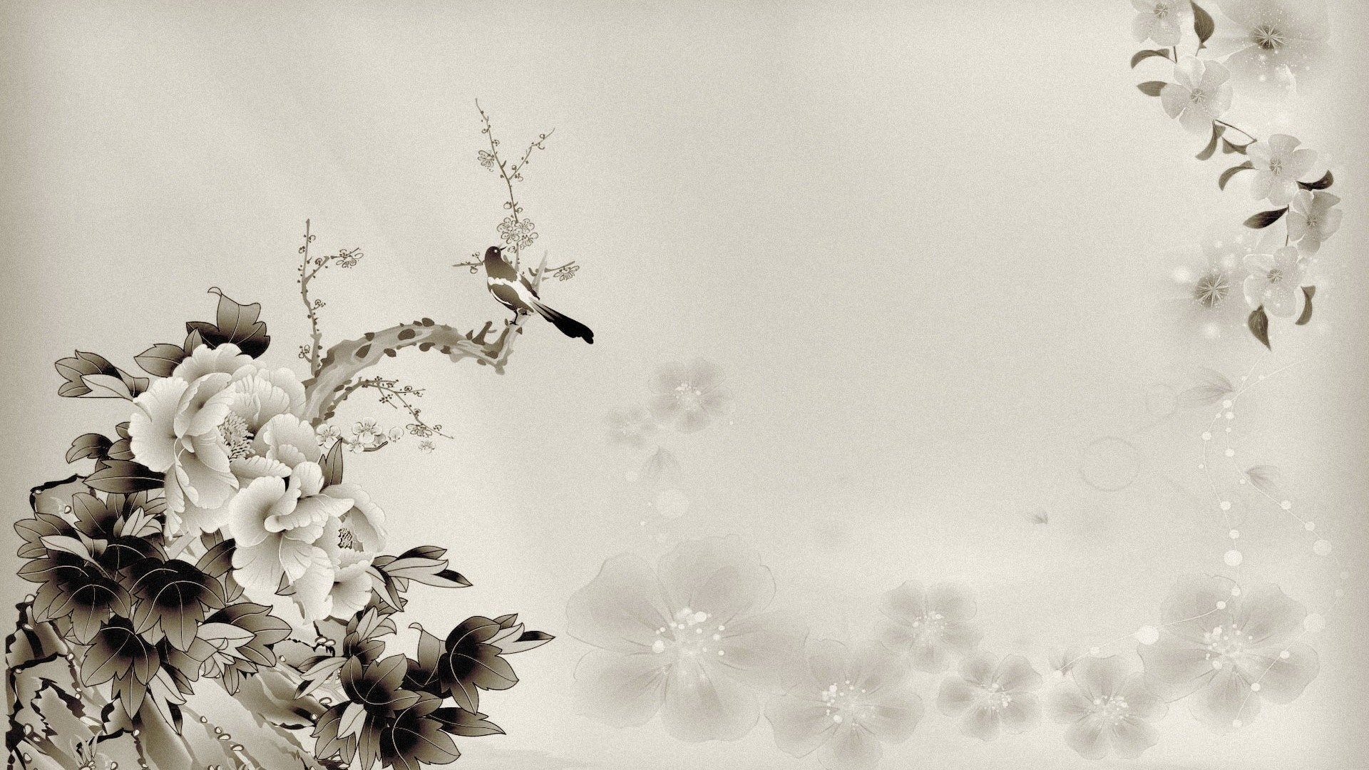 Chinese Art of Peonies and a Bird HD Wallpaper