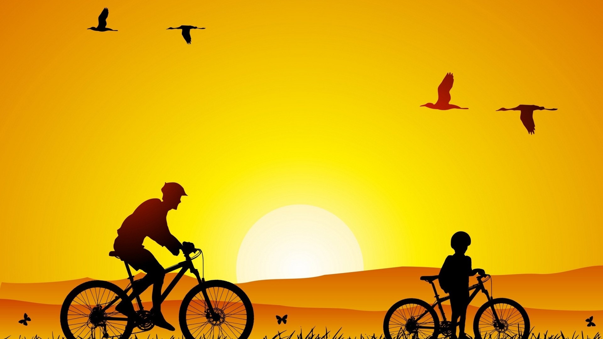 Silhouettes of people cycling at sunrise with birds flying HD Wallpaper