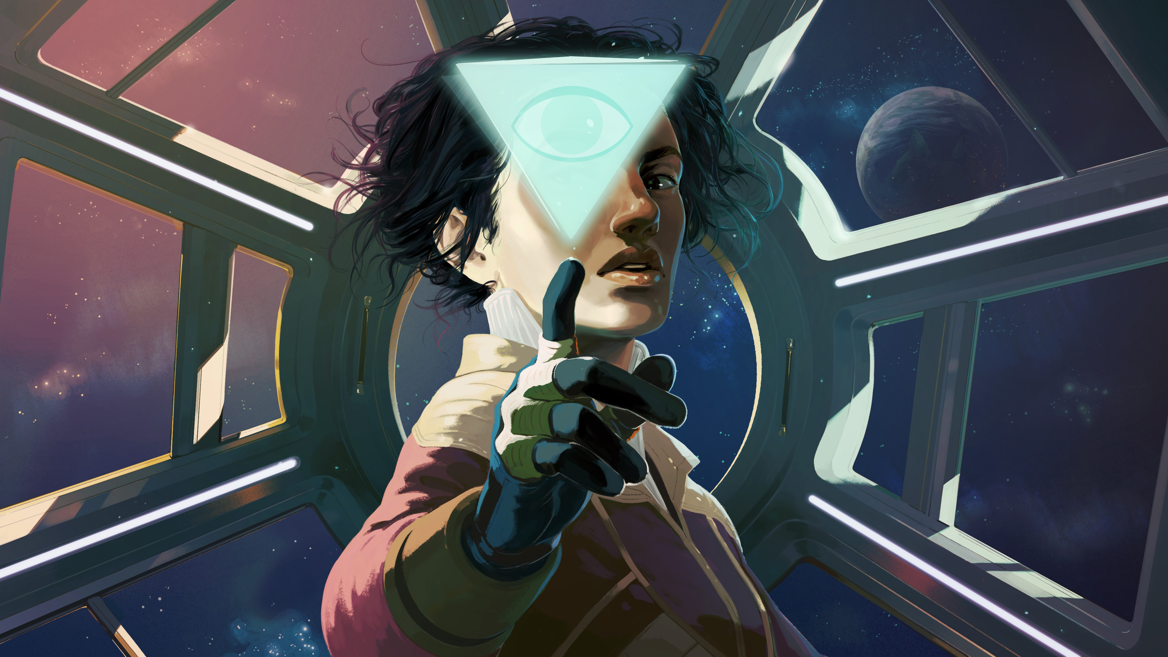 Person in spaceship cockpit with eye symbol HD Wallpaper