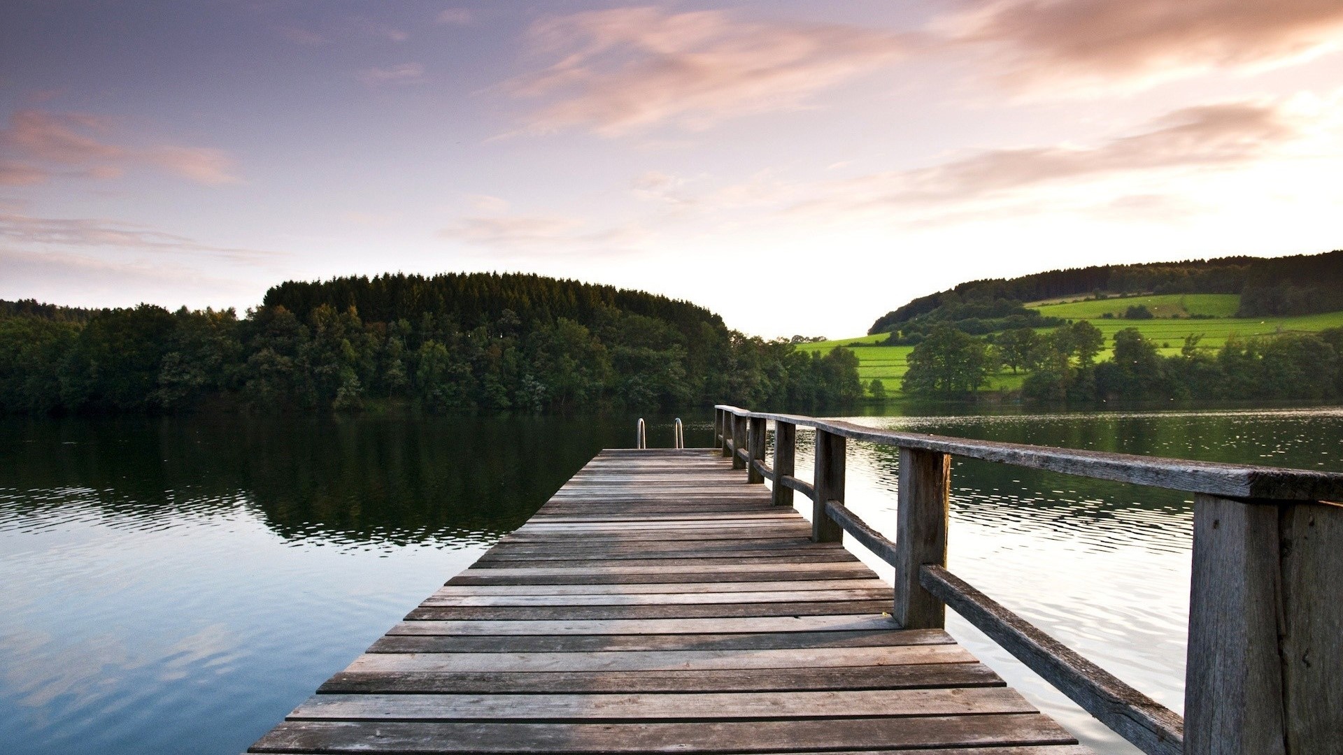Wooden dock on a lake at sunset HD Wallpaper
