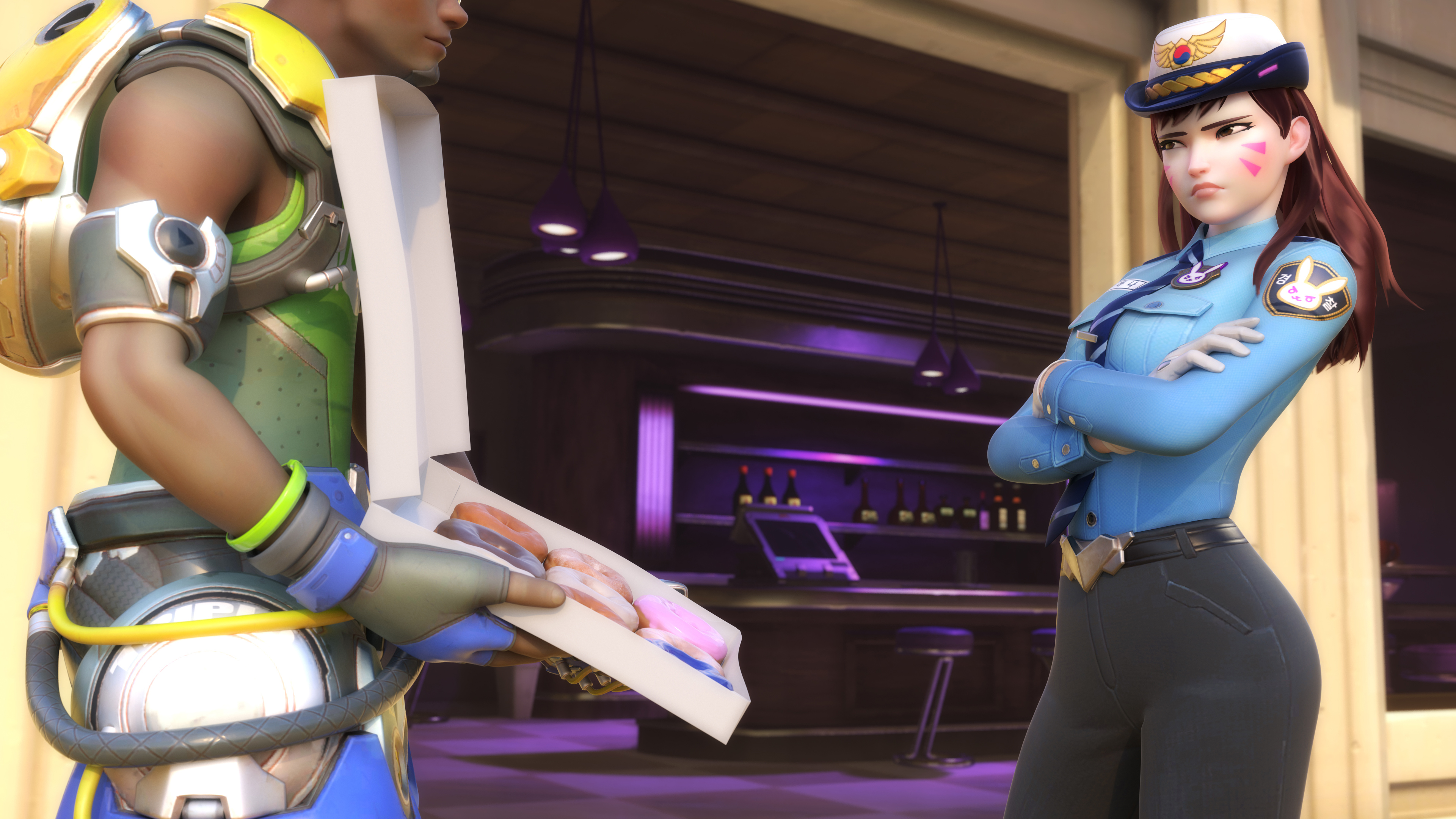 Officer D.Va from Overwatch holding donuts HD Wallpaper
