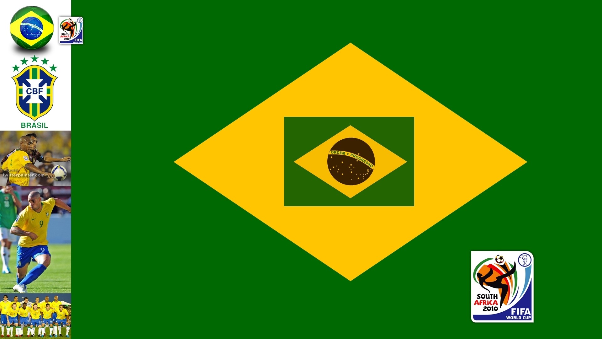 Brazil Flag with Football Players and FIFA World Cup 2010 Logo HD Wallpaper