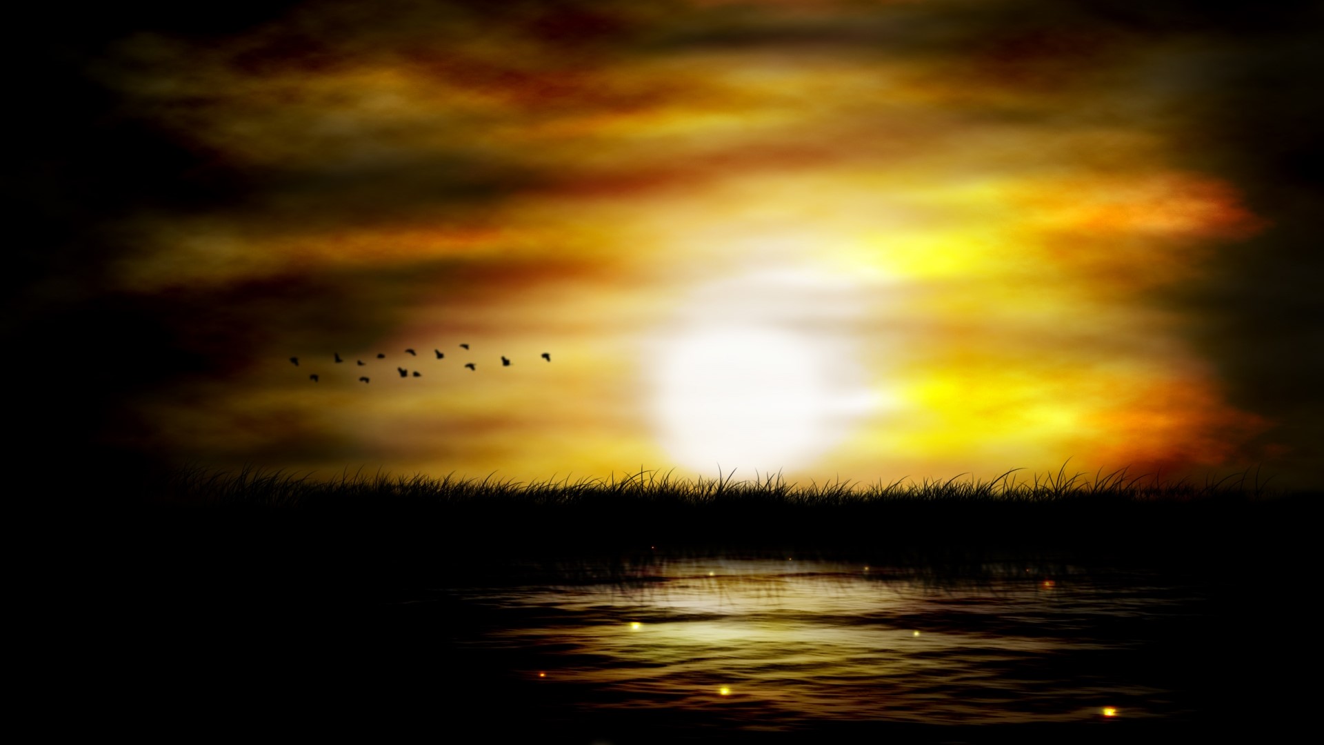 Dark Swamp Sunset with Birds and Water Reflection HD Wallpaper