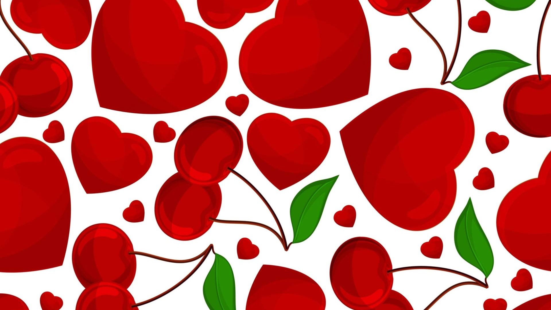 Red hearts and cherries seamless pattern HD Wallpaper