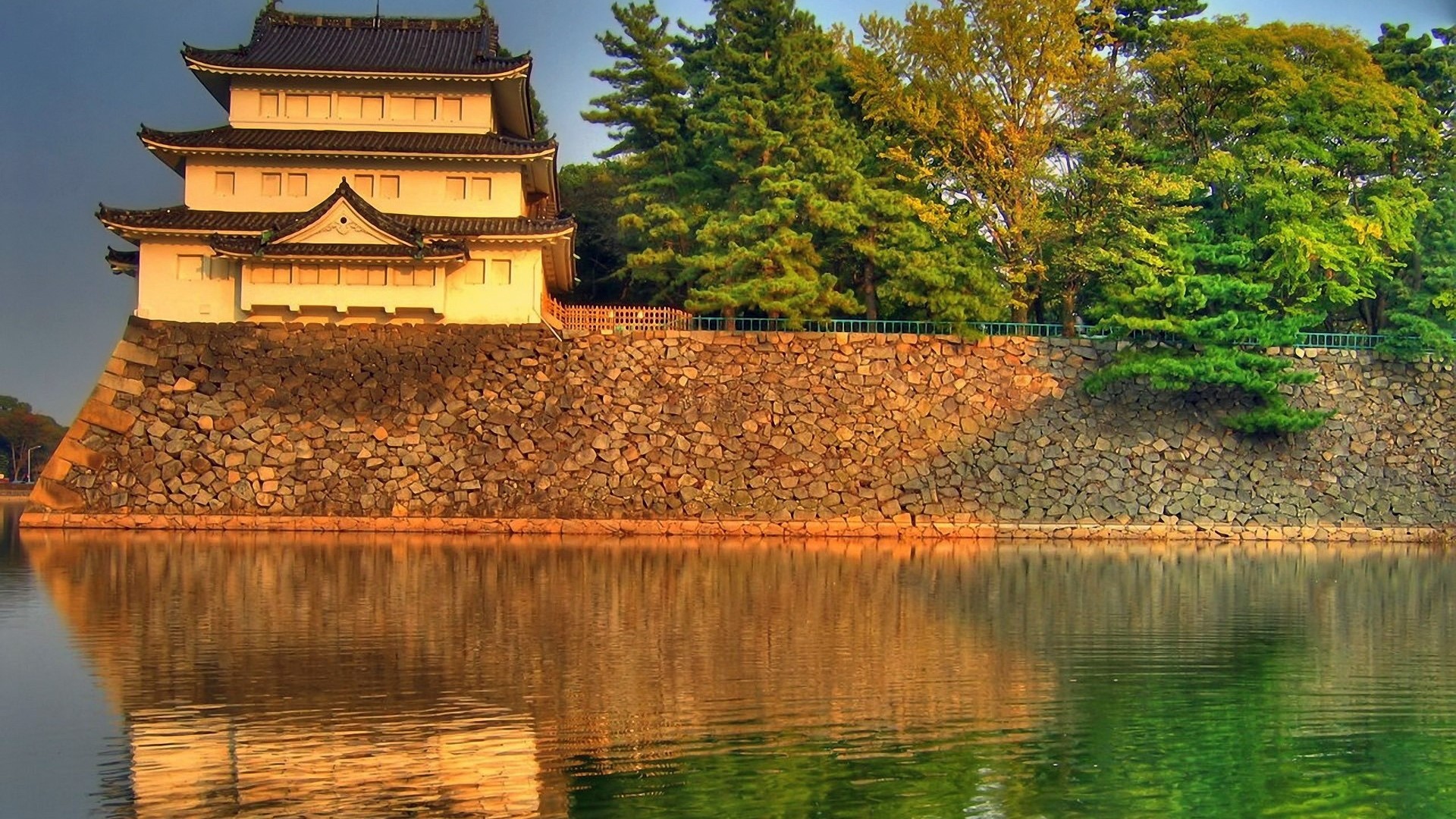 Japanese Castle on Stone Embankment Reflected in Water HD Wallpaper