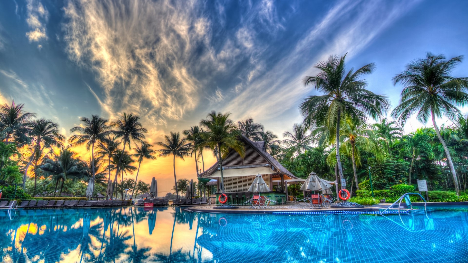Palm trees and swimming pool at sunset HD Wallpaper