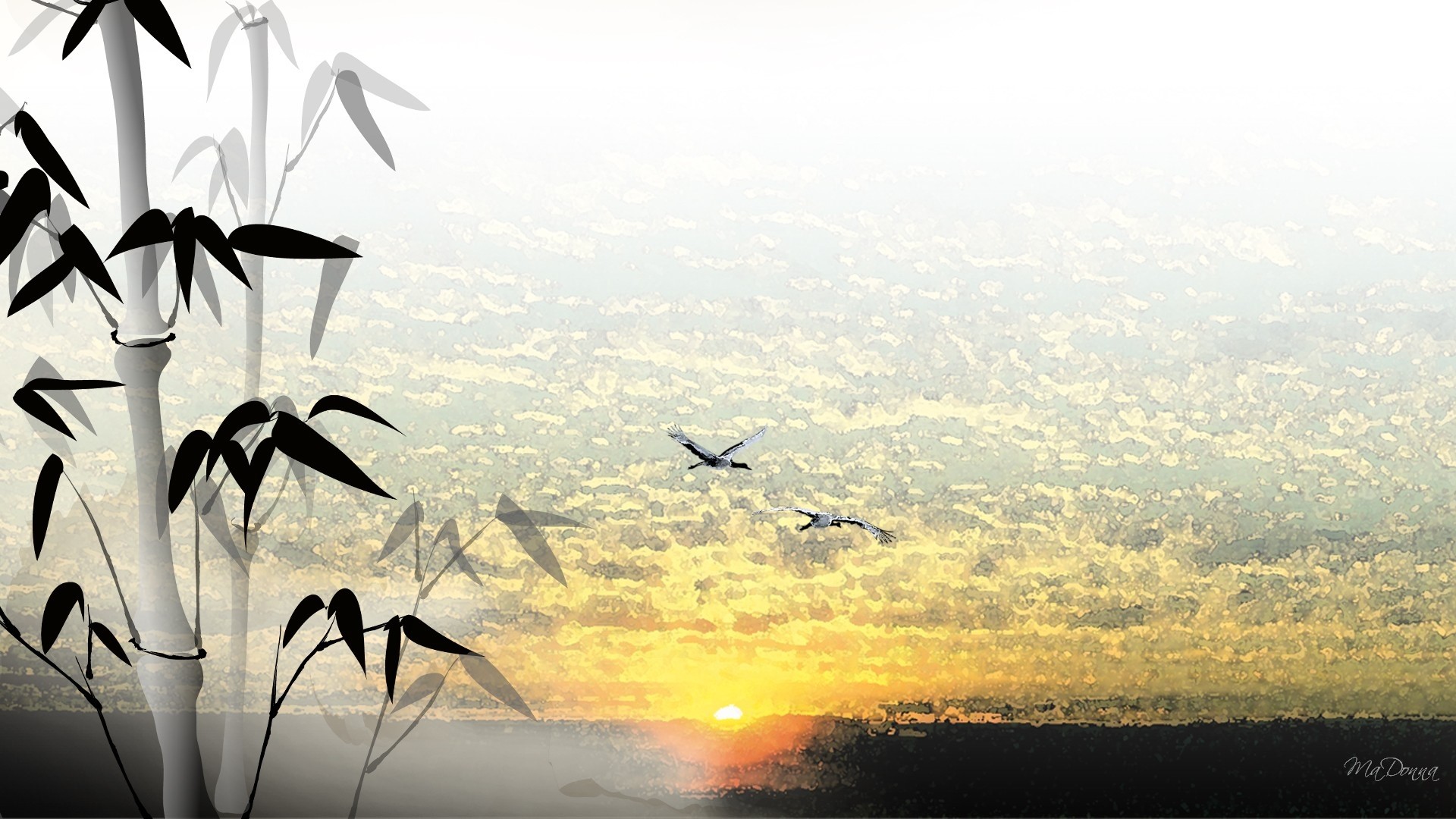 Oriental Bamboo and Sunset with Cranes HD Wallpaper