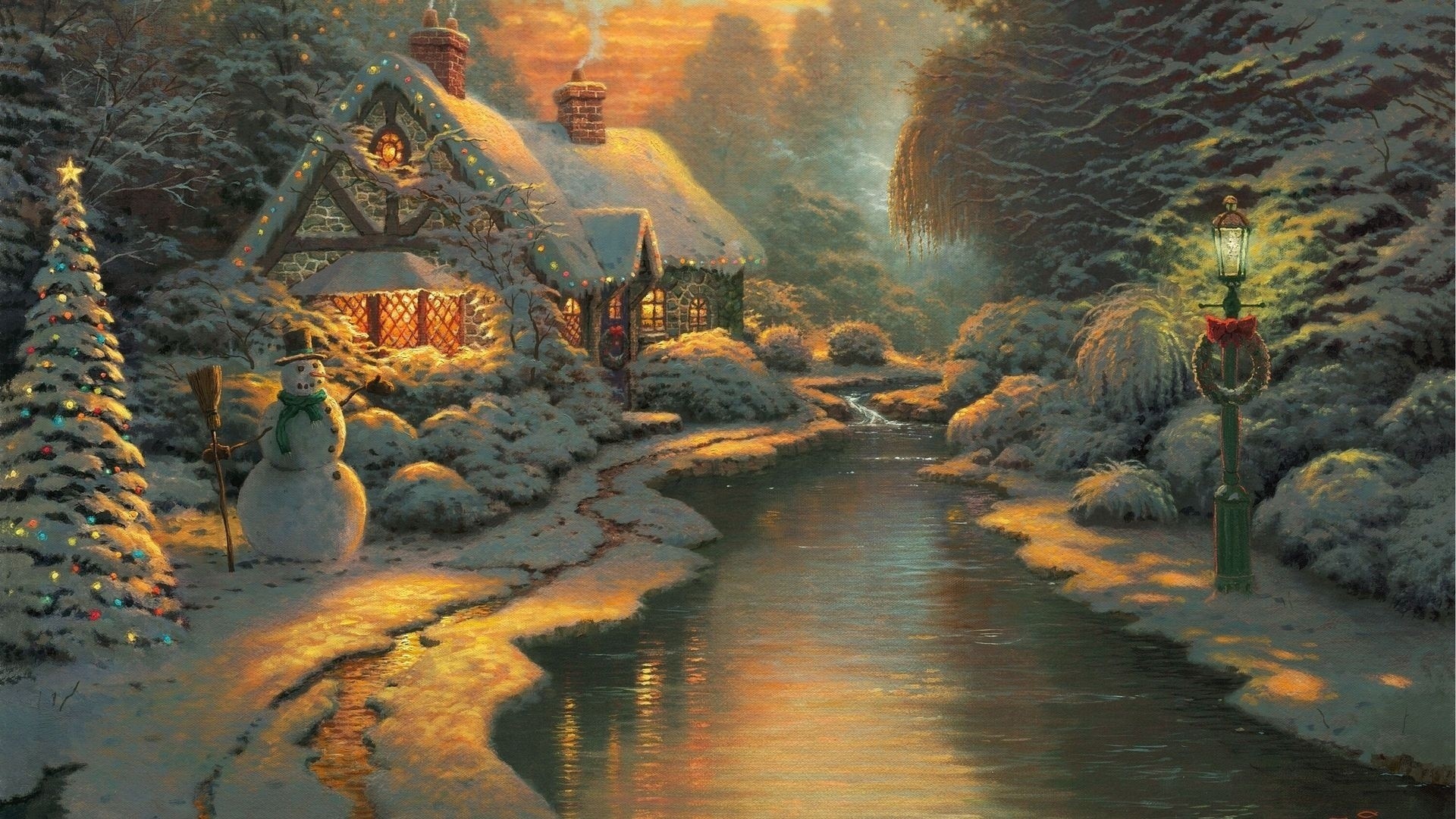 Christmas Cottage with Snowman and Stream HD Wallpaper