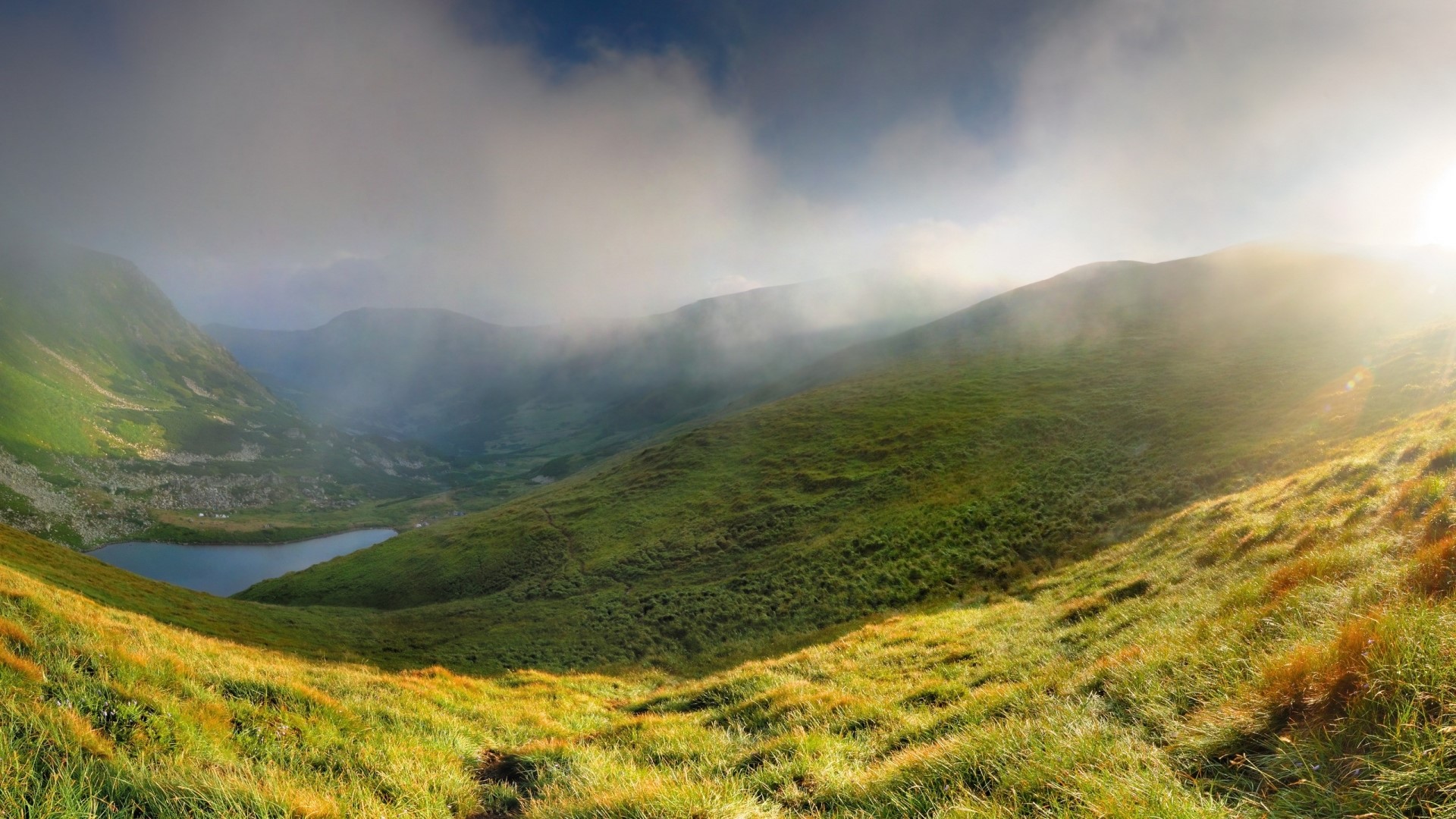 Misty Mountain Valley with Lake HD Wallpaper