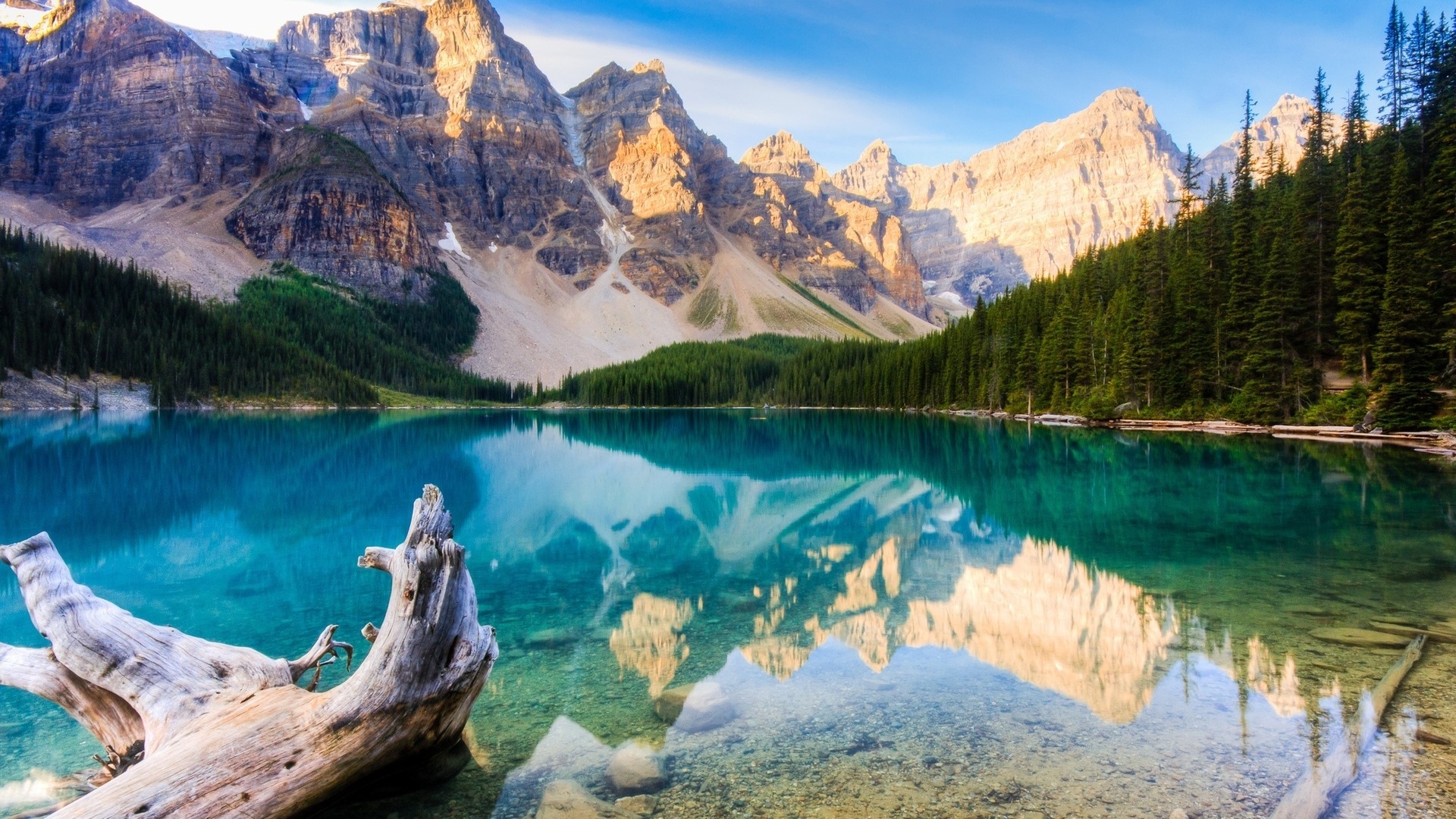 Moraine Lake with Mountains and Trees HD Wallpaper
