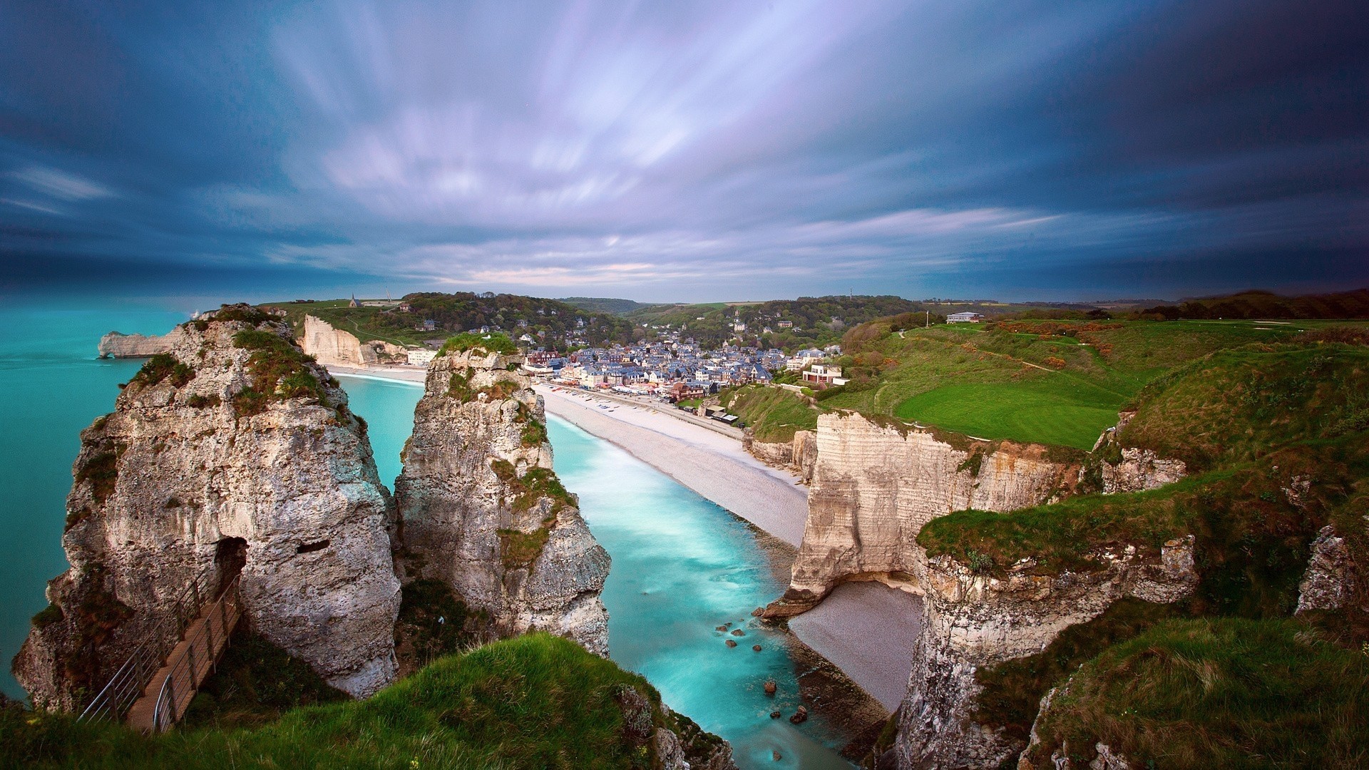 Etretat Beach Cliffs and Town HD Wallpaper