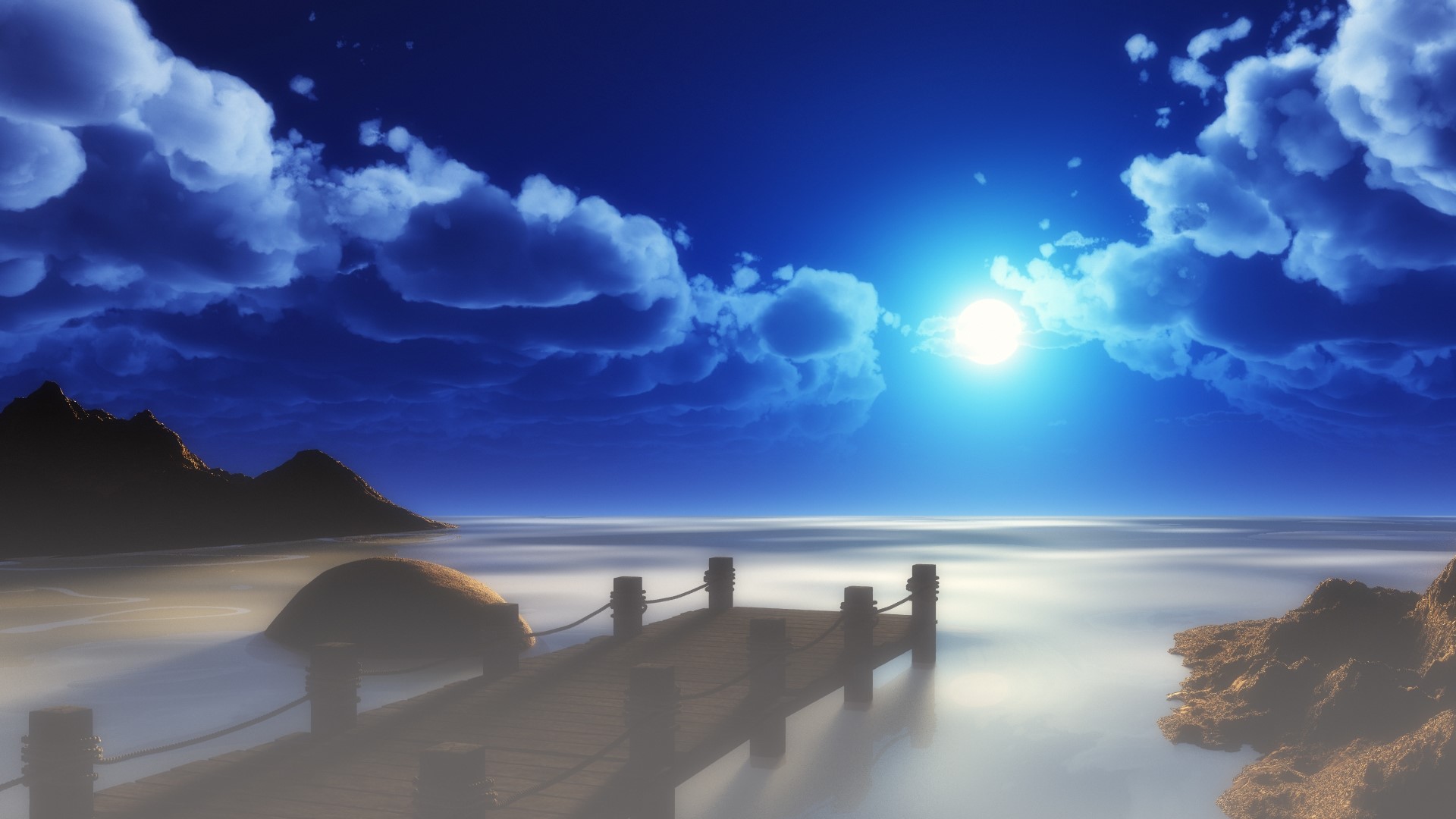 Moonlit Night Over a Calm Sea with a Dock HD Wallpaper
