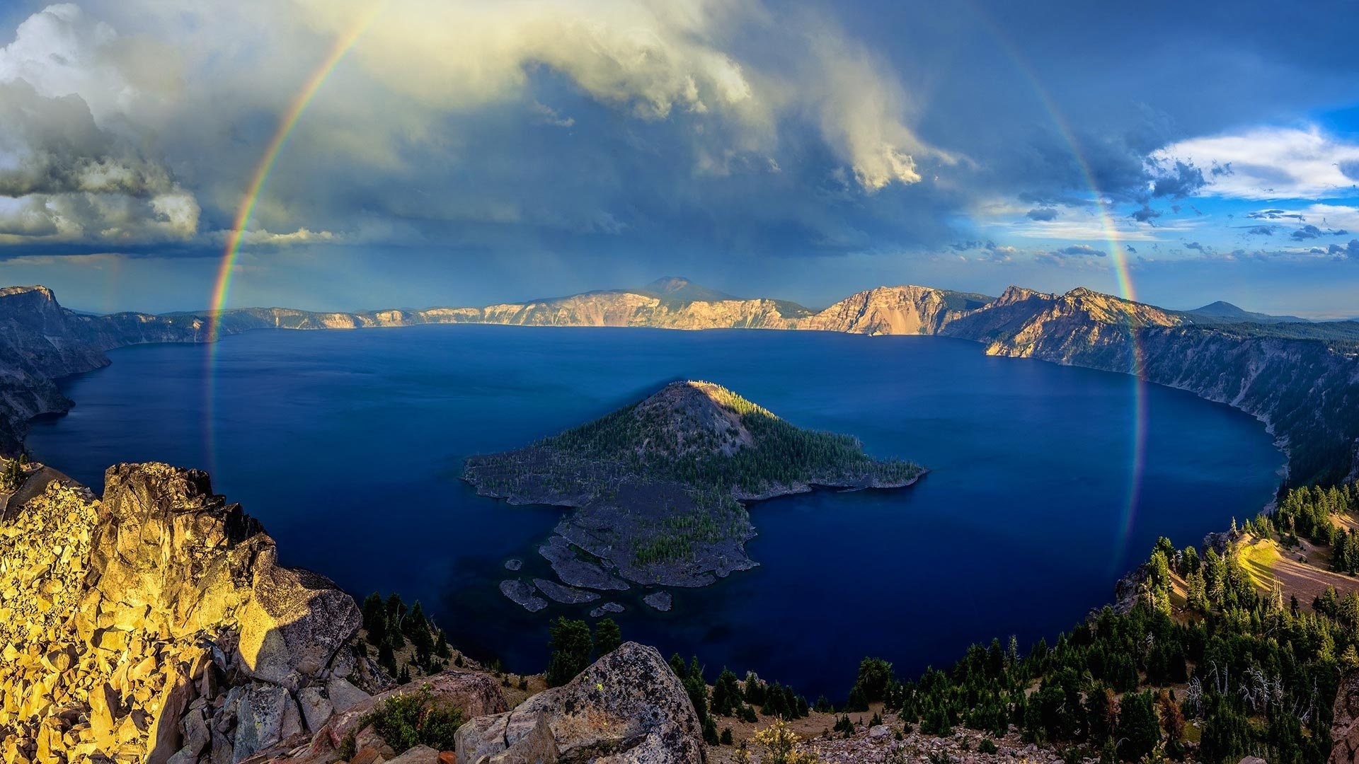 Crater Lake with Rainbow and Wizard Island HD Wallpaper