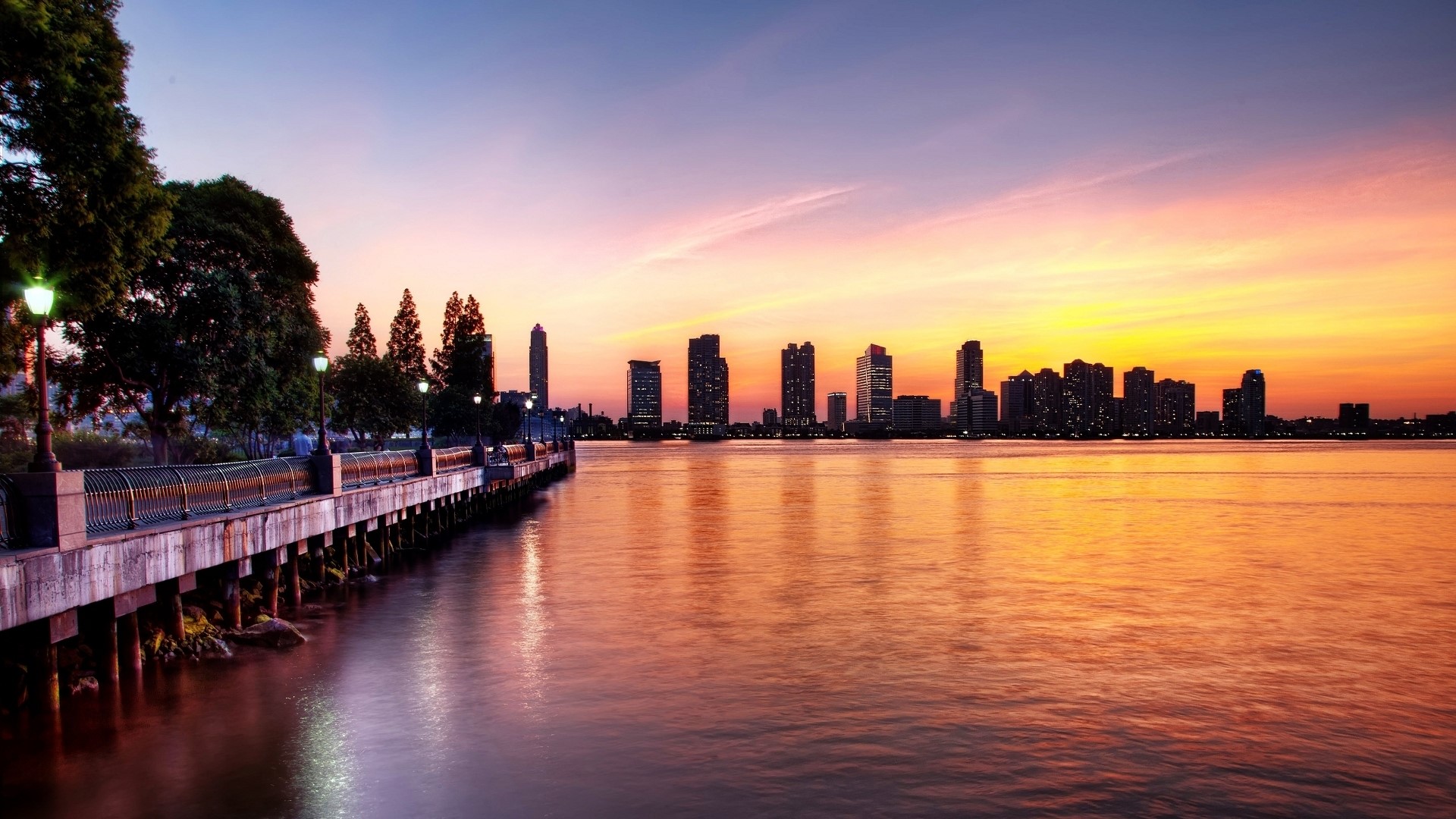 Summer Sunset Cityscape Over Water HD Wallpaper