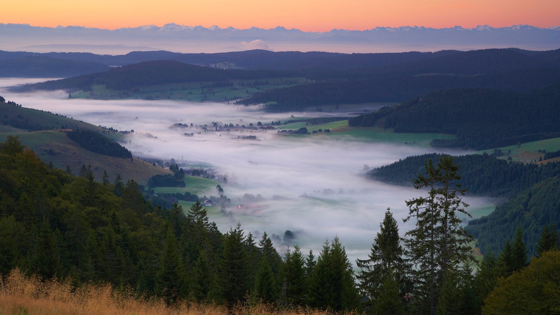 Foggy valley at sunrise with distant mountains HD Wallpaper