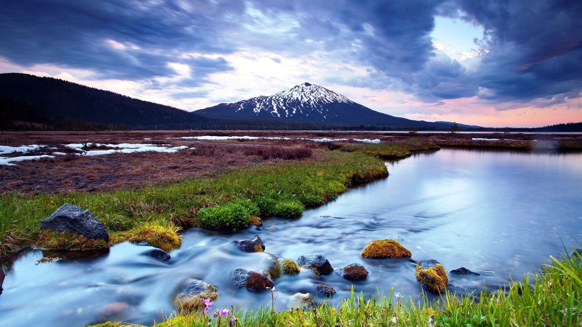 Mountain landscape with river and snow HD Wallpaper