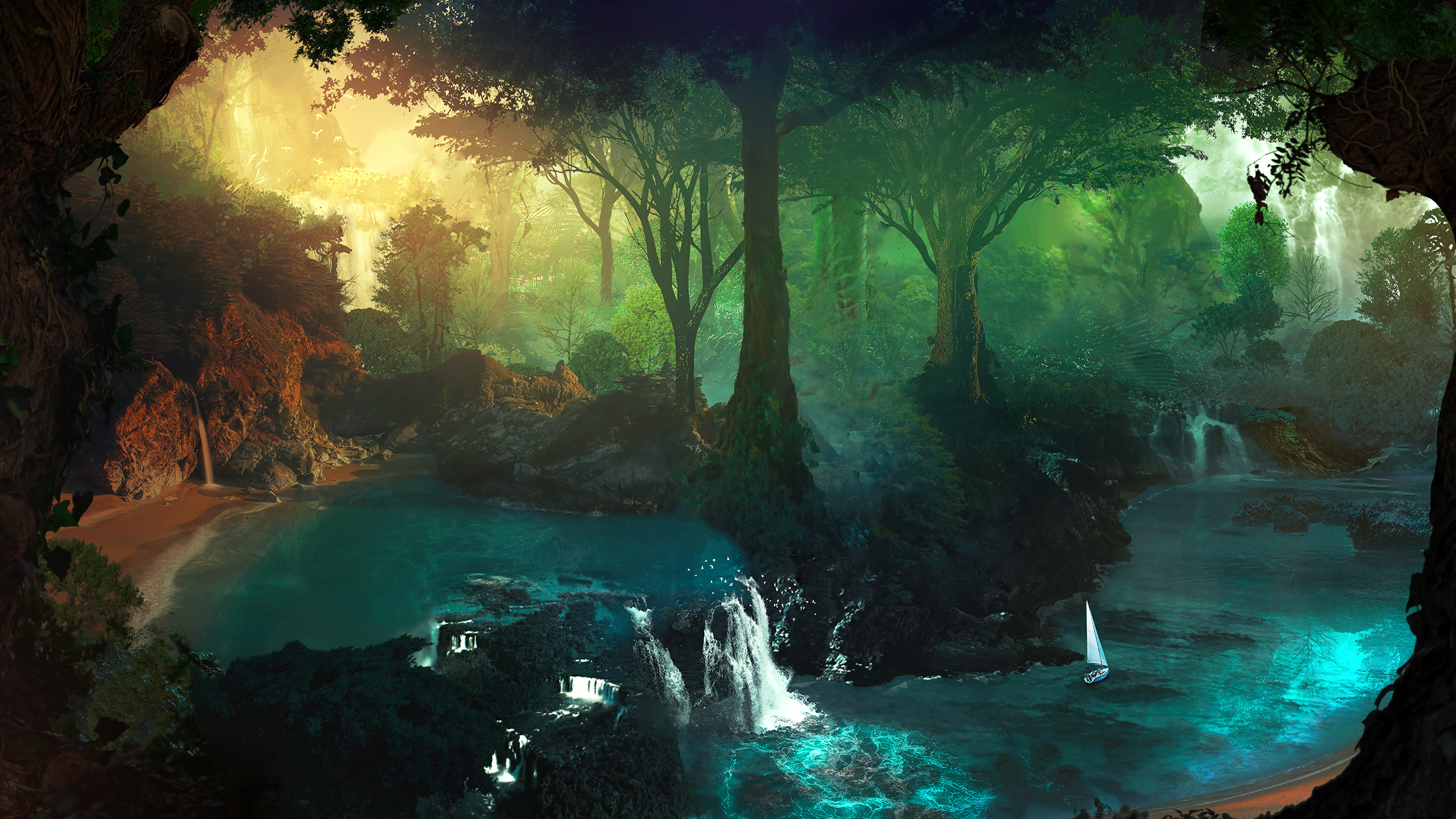 Magical forest with waterfalls and a sailboat HD Wallpaper