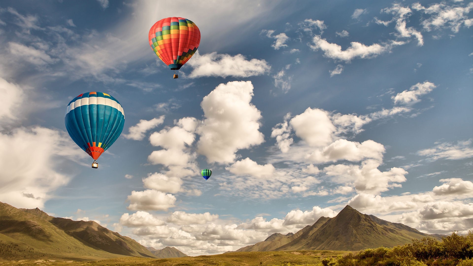 Hot Air Balloons Over Mountains HD Wallpaper