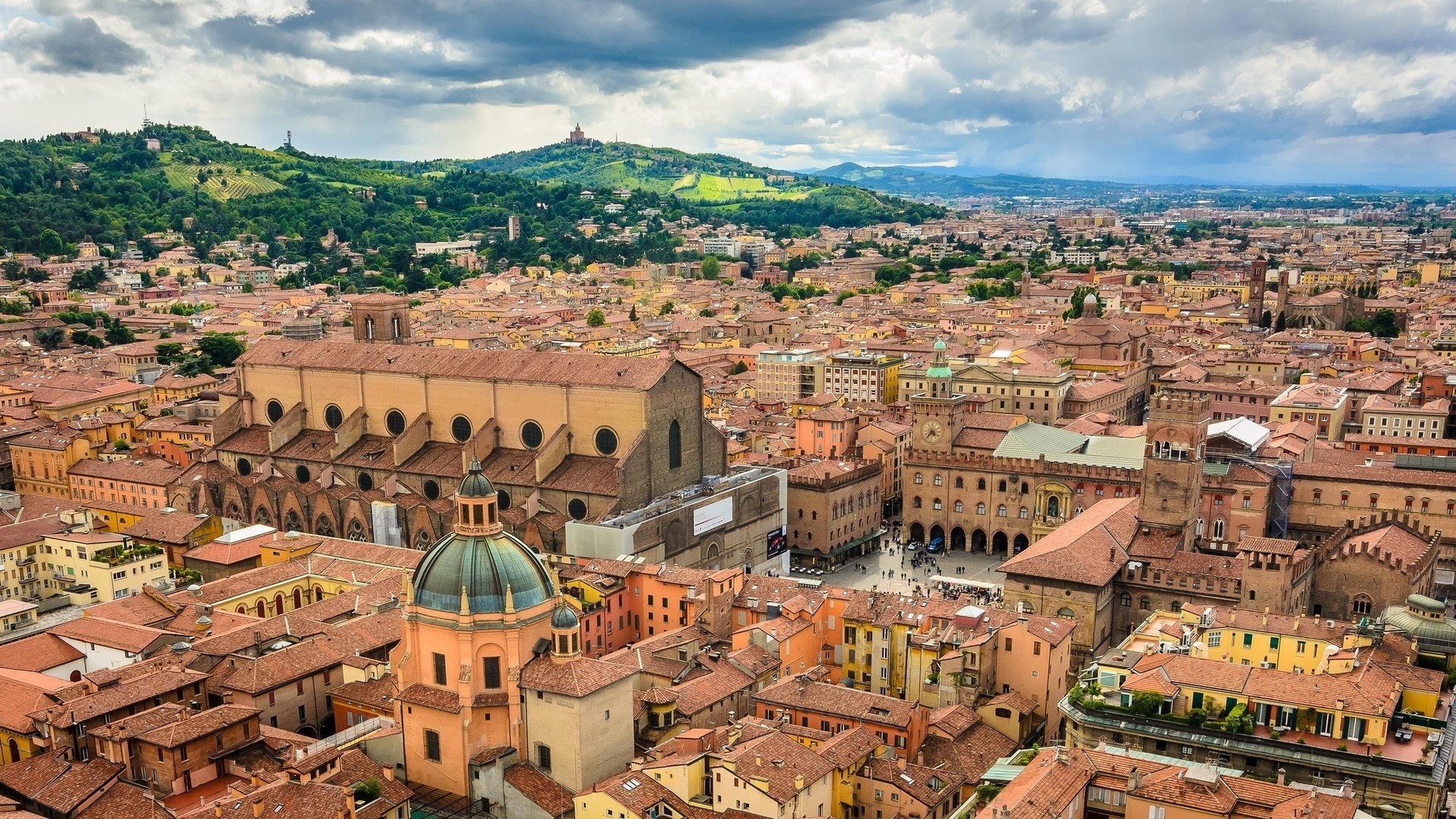 Bologna cityscape with Basilica di San Petronio and hills HD Wallpaper